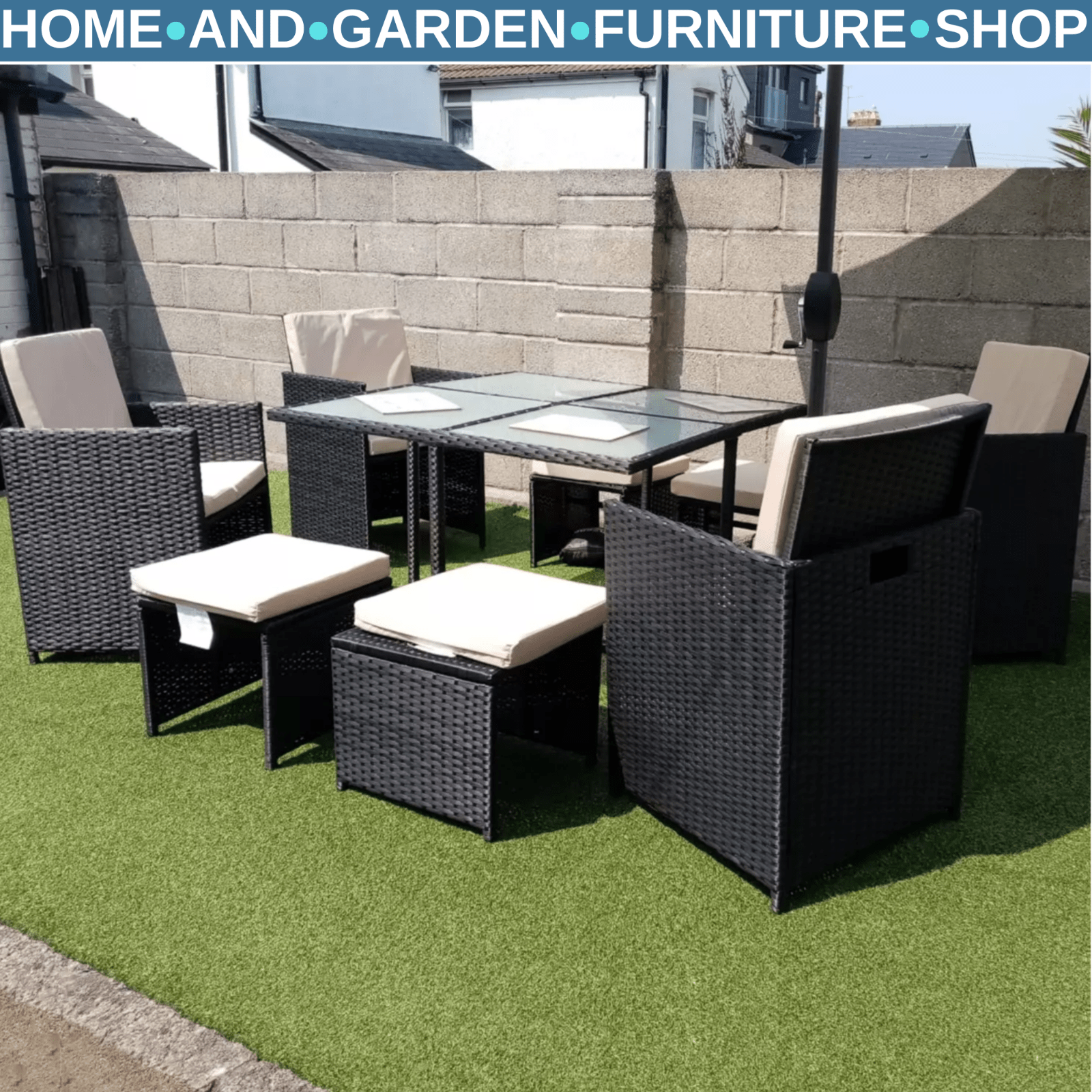 9Pcs Black Garden Rattan Dining Set Wicker Patio Furniture Chair Table Stool Set - Home and Garden Furniture Shop - rustic - furniture