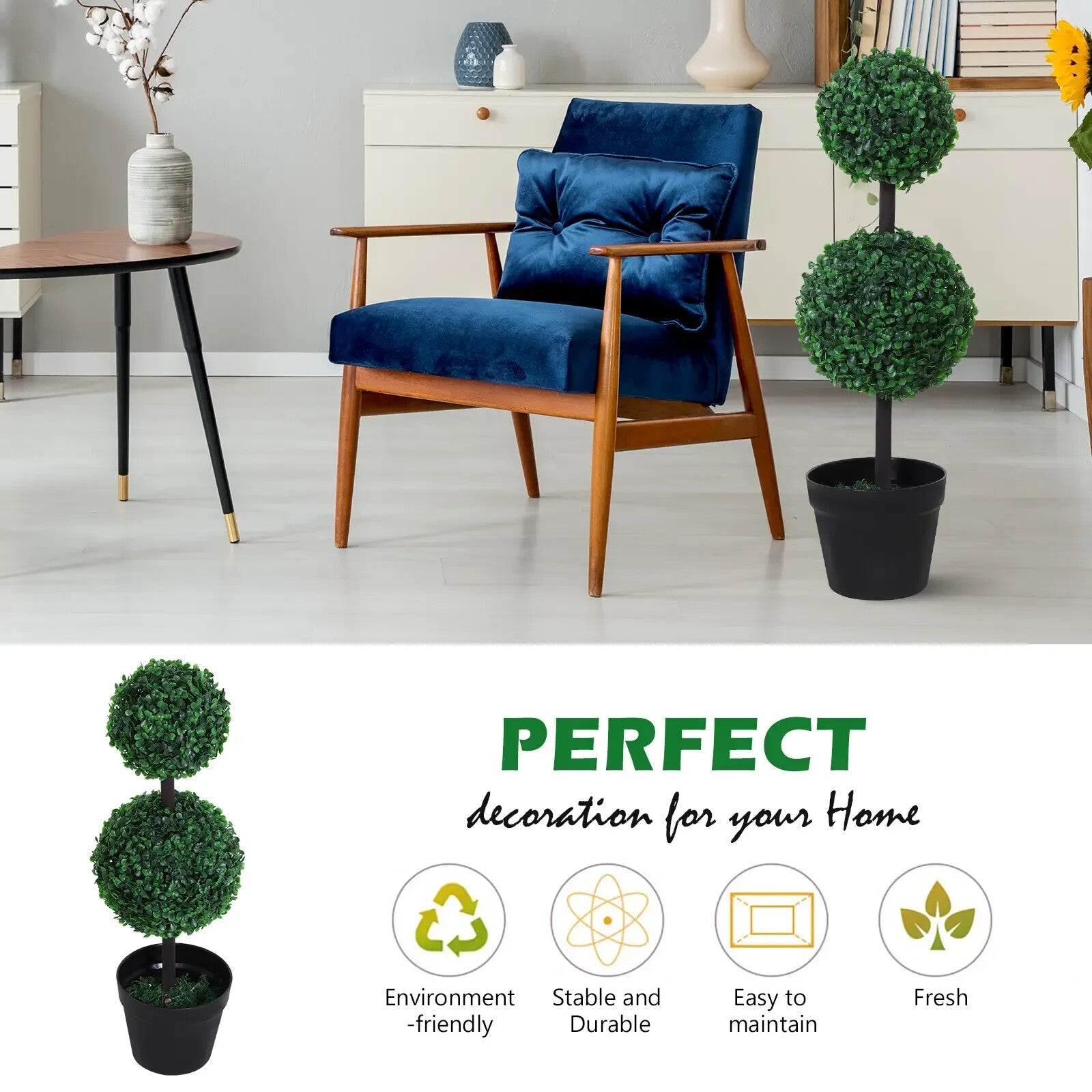 Artificial Boxwood Plant Set of 2 Double Balls Topiary with Black Pot Green - Home and Garden Furniture Shop - rustic - furniture