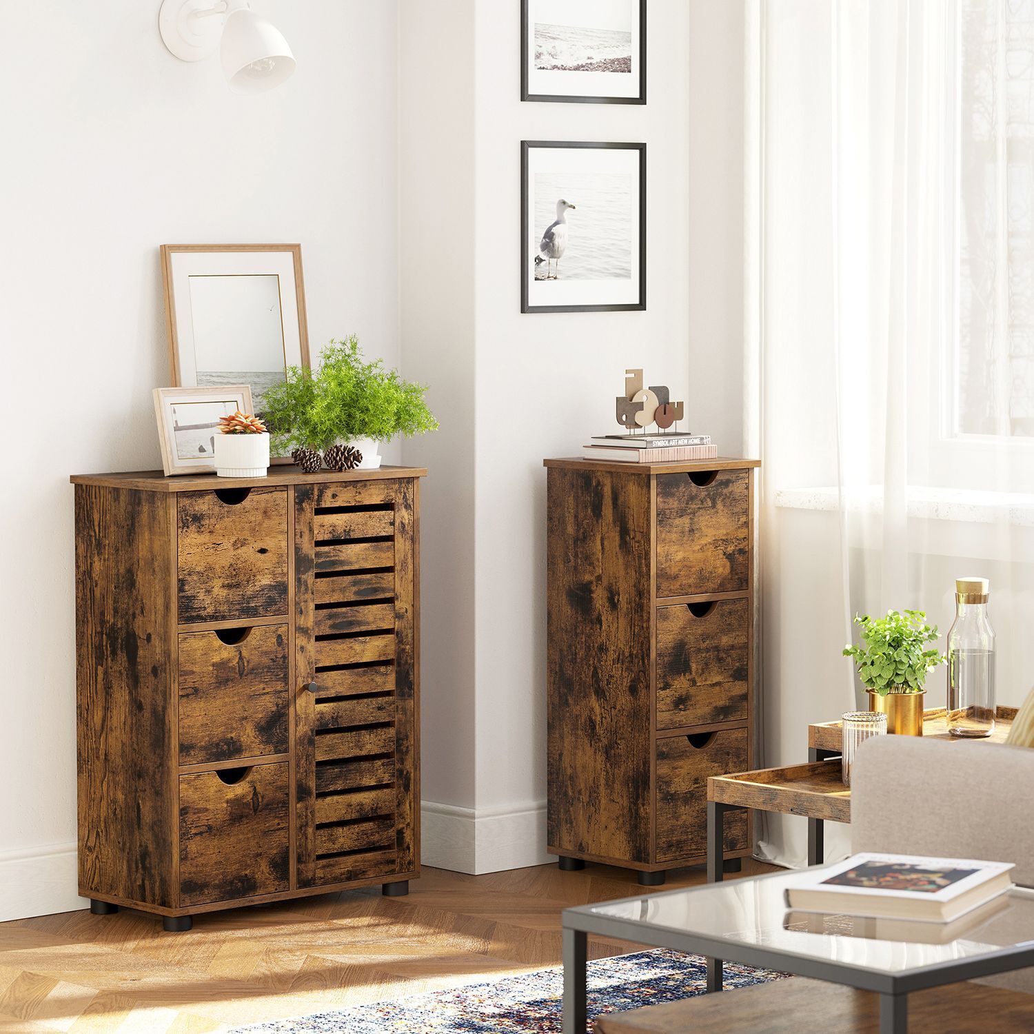 Bathroom Floor Cabinet with 3 Drawers Door Shelves Rustic Brown Storage Cupboard - Home and Garden Furniture Shop - #rustic - furniture#