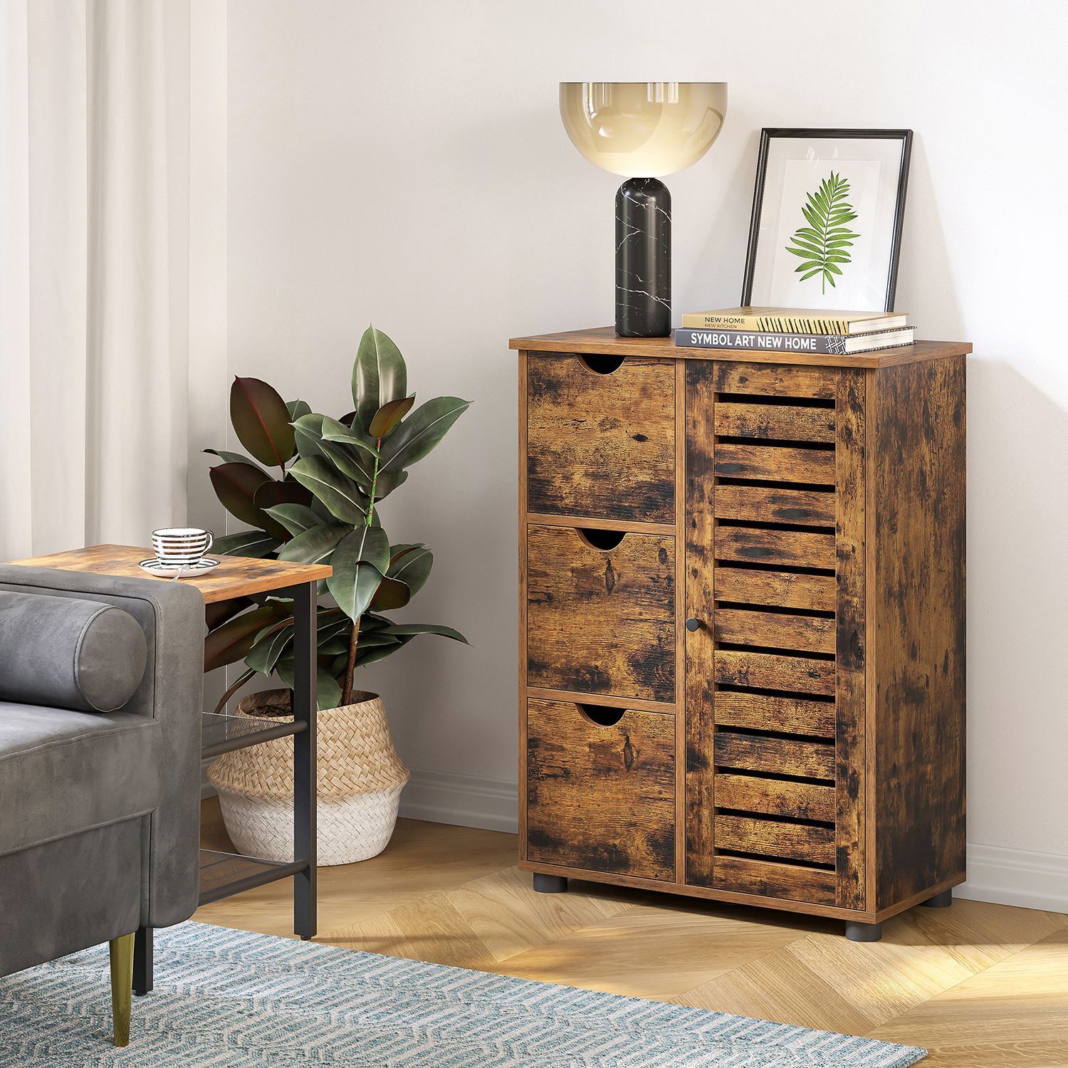 Bathroom Floor Cabinet with 3 Drawers Door Shelves Rustic Brown Storage Cupboard - Home and Garden Furniture Shop - #rustic - furniture#