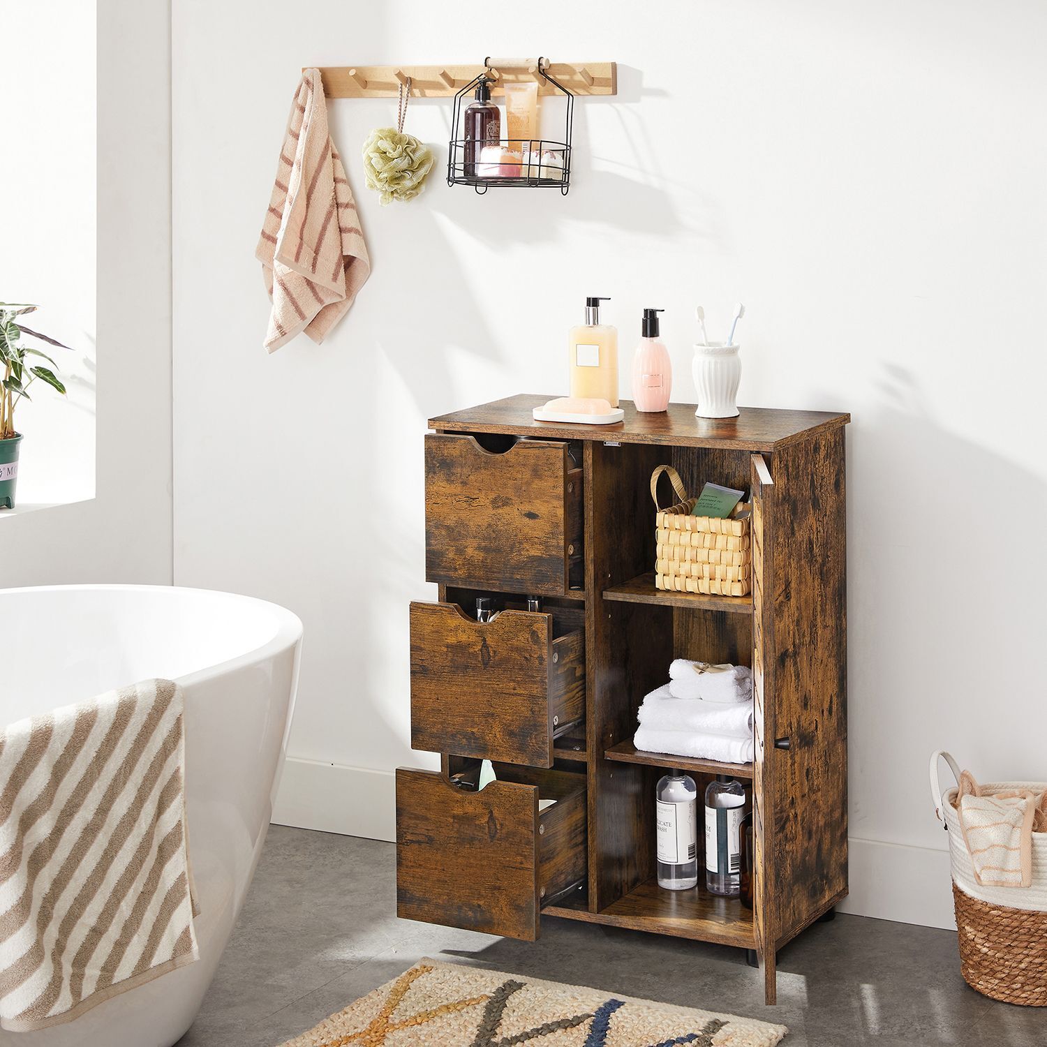 Bathroom Floor Cabinet with 3 Drawers Door Shelves Rustic Brown Storage Cupboard - Home and Garden Furniture Shop - #rustic - furniture#