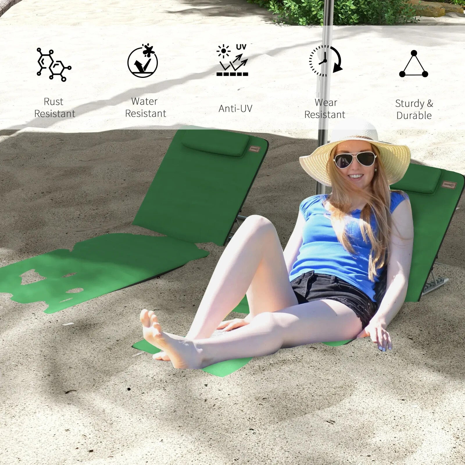 Beach Mat Chairs Set 2 - PCS w/ Padded Pillow & 5 - Level Adjustable Backrest Green - Home and Garden Furniture Shop - rustic - furniture