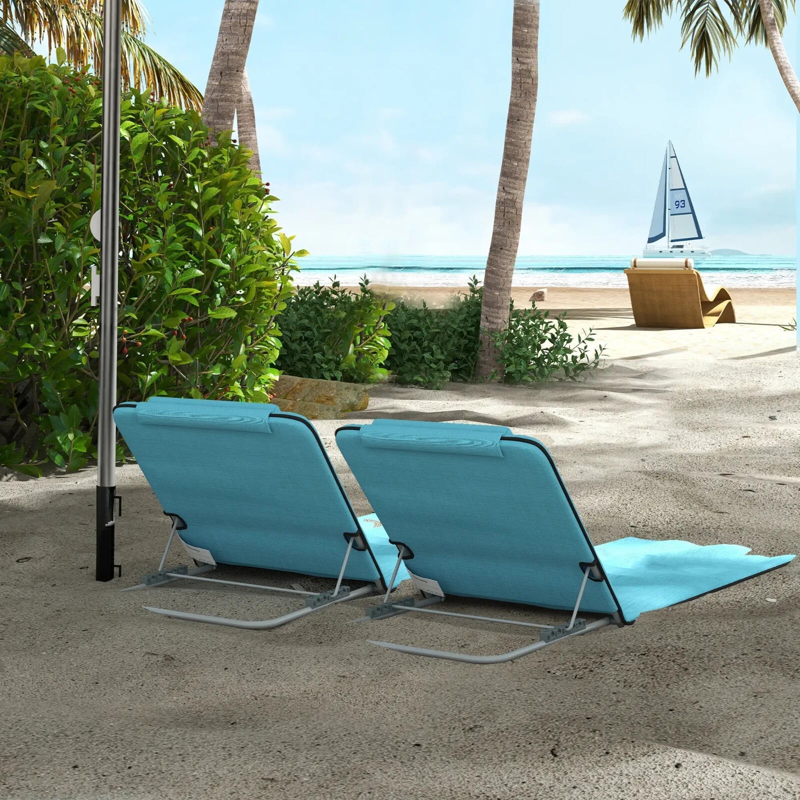 Beach Mat Chairs Set 2 - PCS with Pillow & 5 - Level Adjustable Backrest Sky Blue - Home and Garden Furniture Shop - rustic - furniture