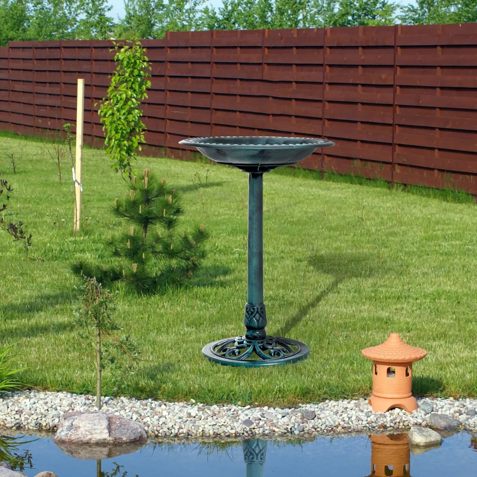 Bird Bath Fountain Decorative Feeder Stand With Scallop - Like Pattern Green - Home and Garden Furniture Shop - rustic - furniture