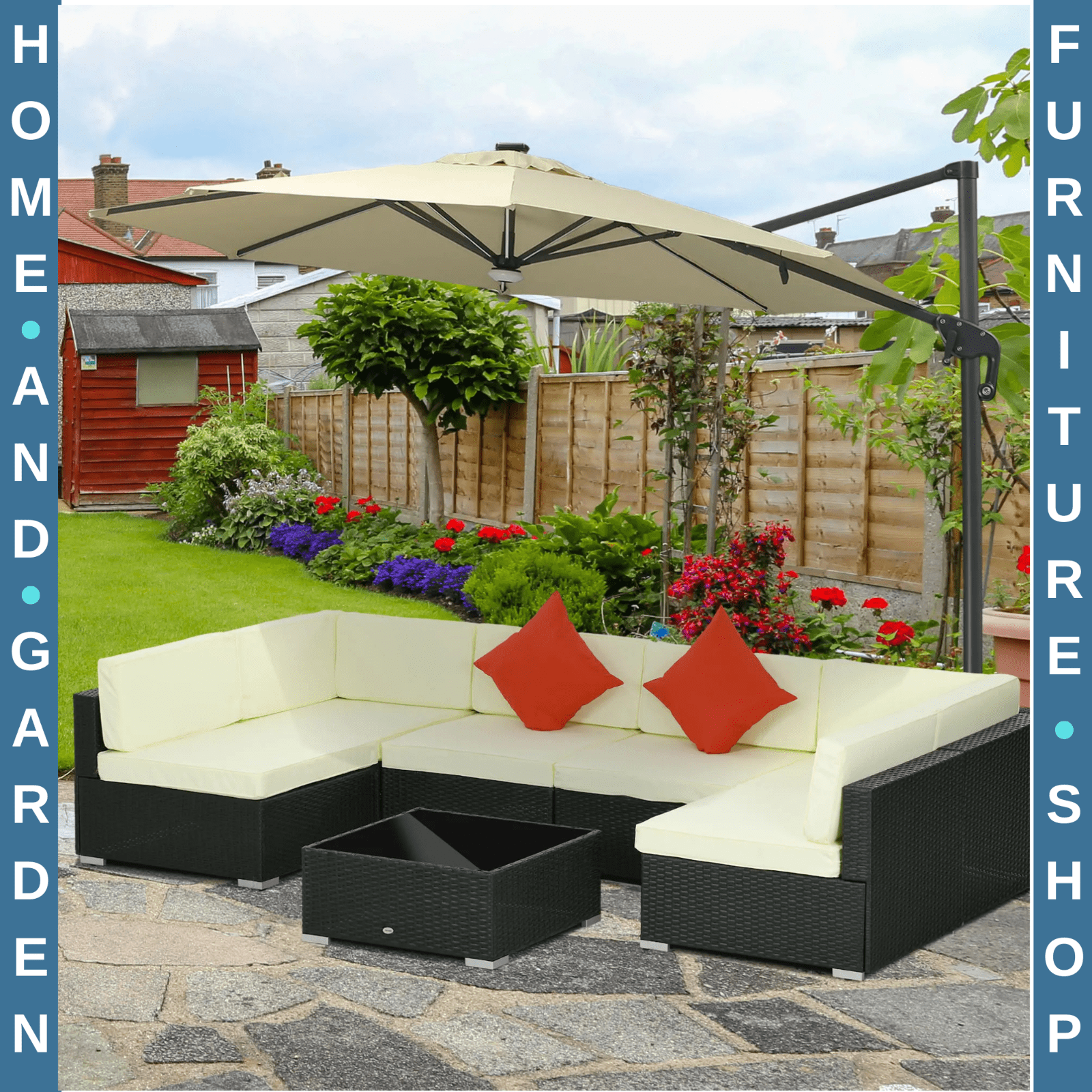 Black 6 Seater Rattan Garden Furniture Set Corner Sofa Set Cushion Pillows Table - Home and Garden Furniture Shop - rustic - furniture