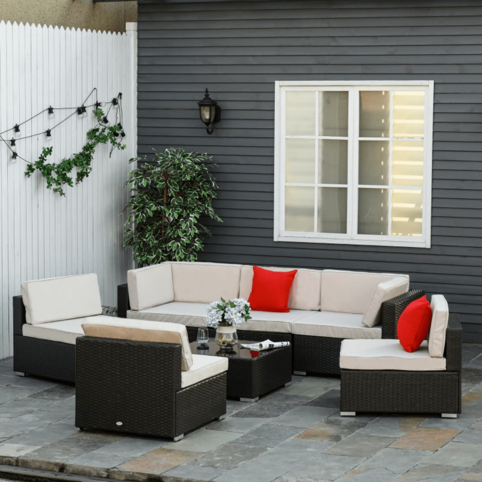 Black 6 Seater Rattan Garden Furniture Set Corner Sofa Set Cushion Pillows Table - Home and Garden Furniture Shop - #rustic - furniture#