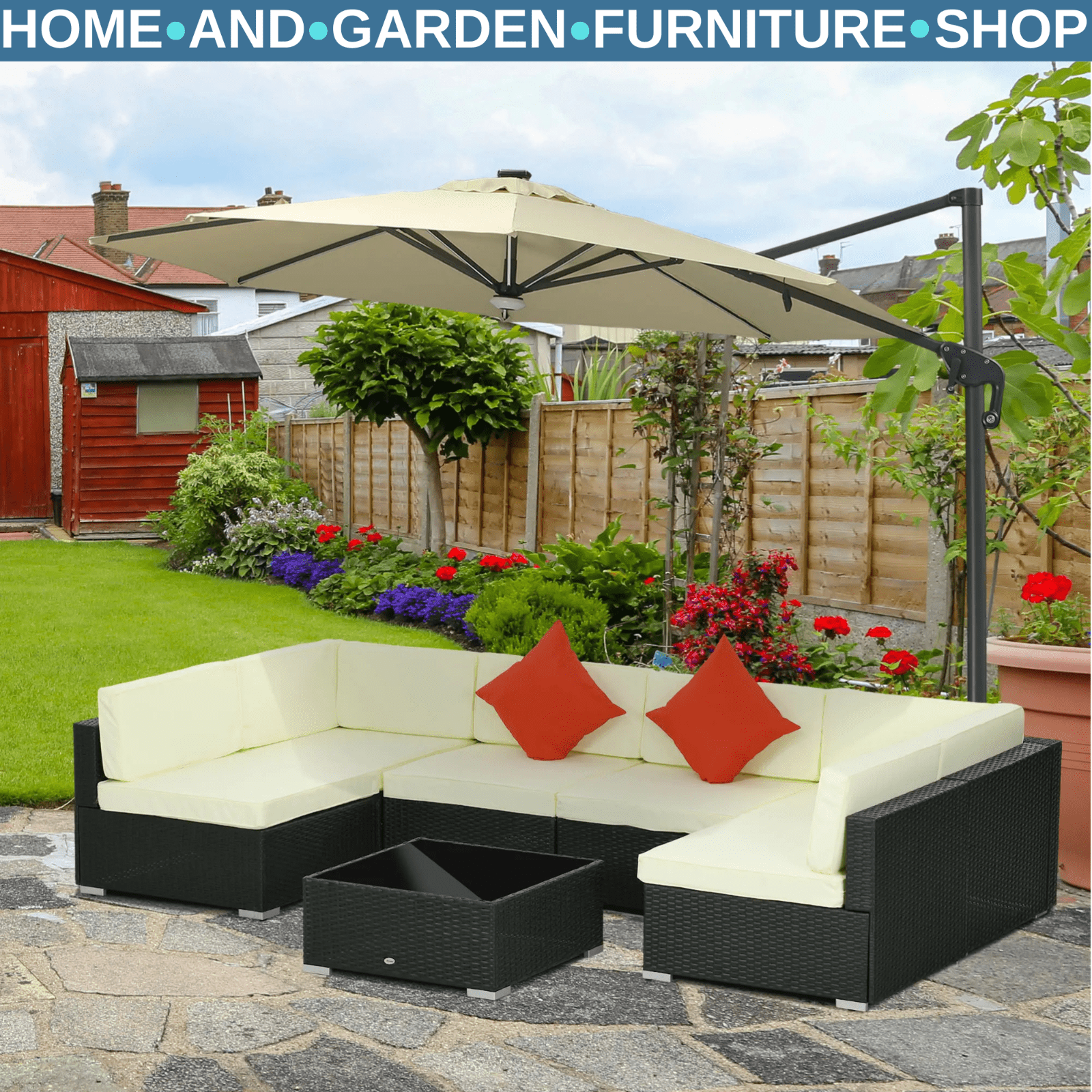 Black 6 Seater Rattan Garden Furniture Set Corner Sofa Set Cushion Pillows Table - Home and Garden Furniture Shop - rustic - furniture