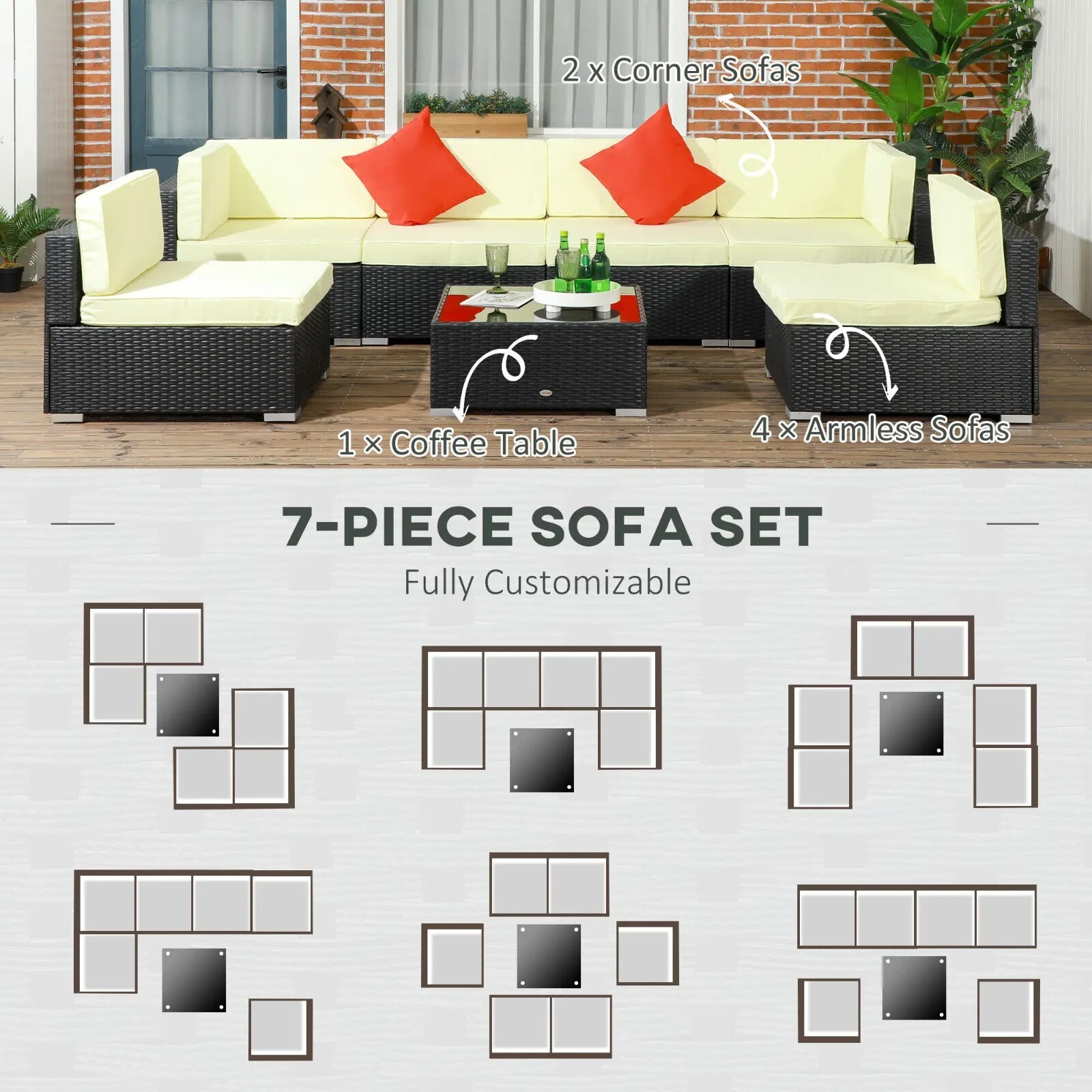 Black 6 Seater Rattan Garden Furniture Set Corner Sofa Set Cushion Pillows Table - Home and Garden Furniture Shop - rustic - furniture