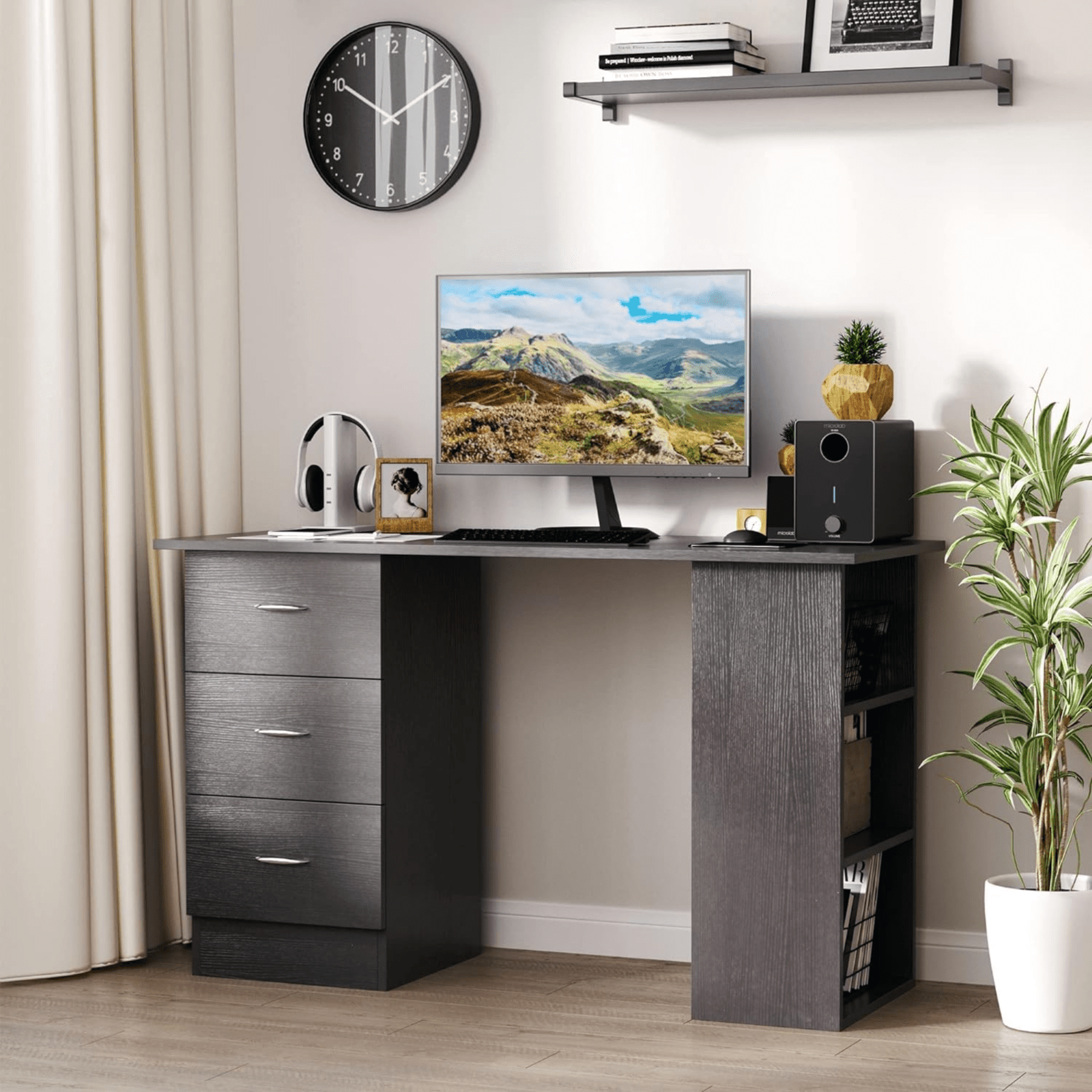 Black Computer Desk with Storage 3 Drawers Shelves Bedroom PC Study Table Office - Home and Garden Furniture Shop - #rustic - furniture#