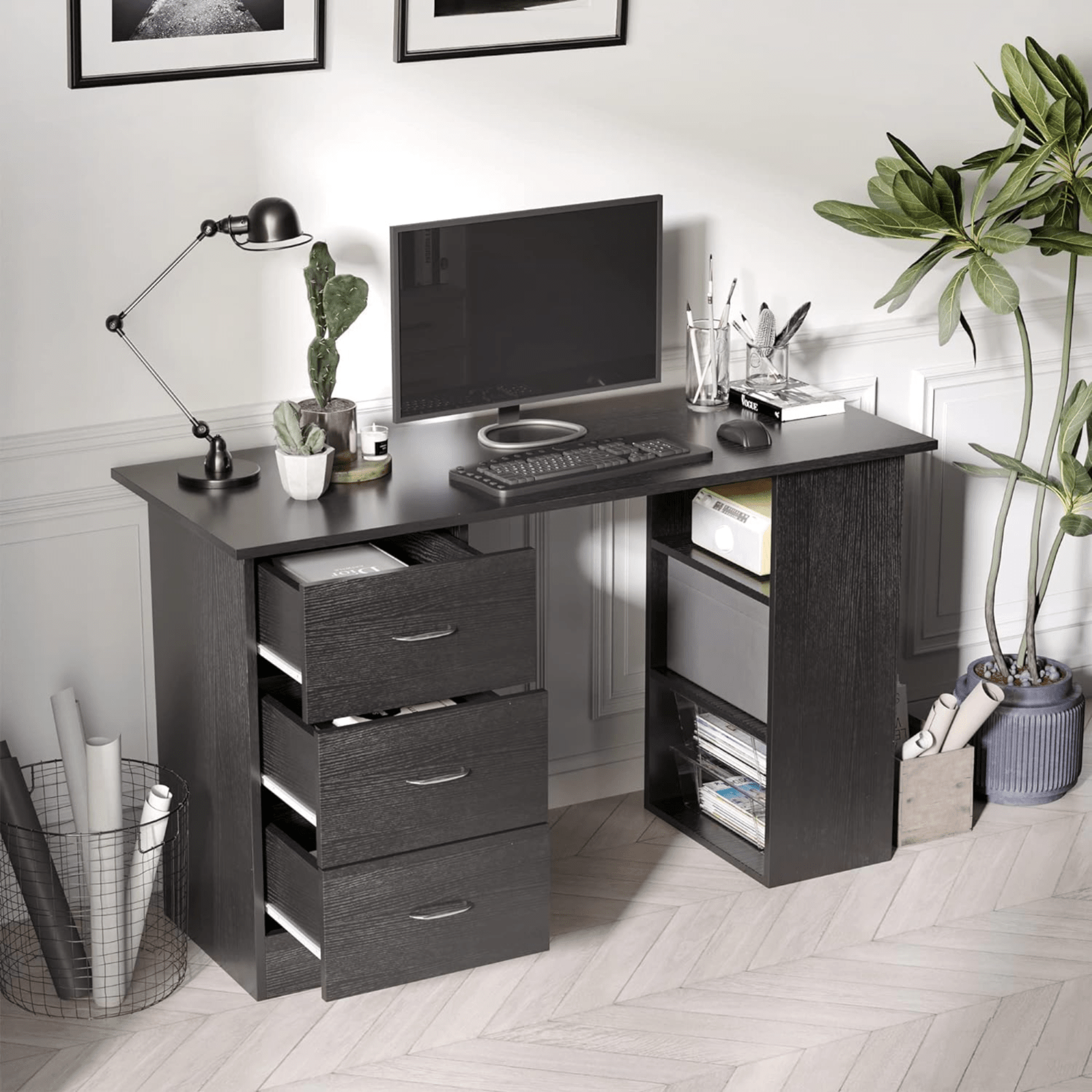 Black Computer Desk with Storage 3 Drawers Shelves Bedroom PC Study Table Office - Home and Garden Furniture Shop - #rustic - furniture#