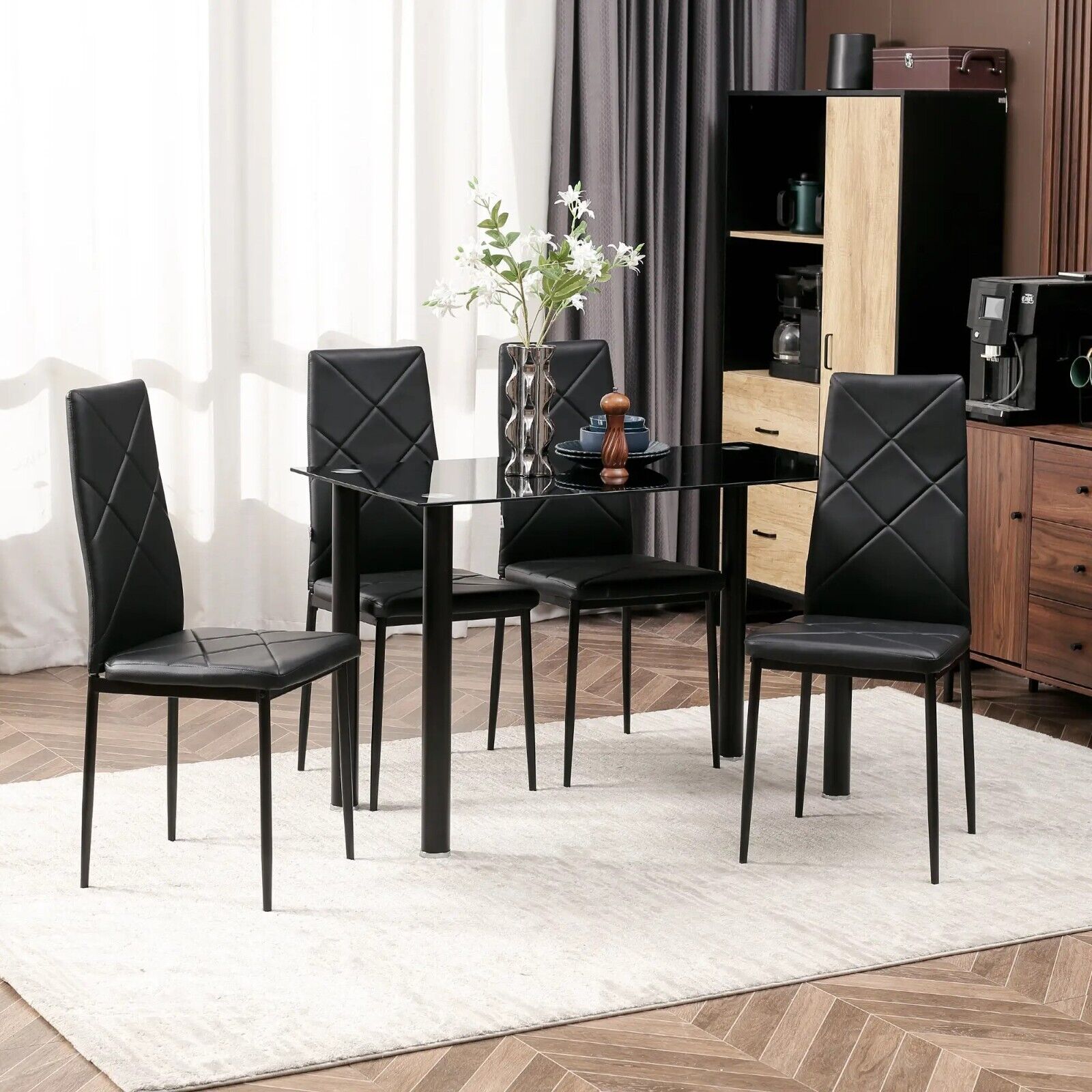 Black Dining Table and Chairs Set 4 Padded Seats Glass Tabletop Kitchen Table - Home and Garden Furniture Shop - #rustic - furniture#