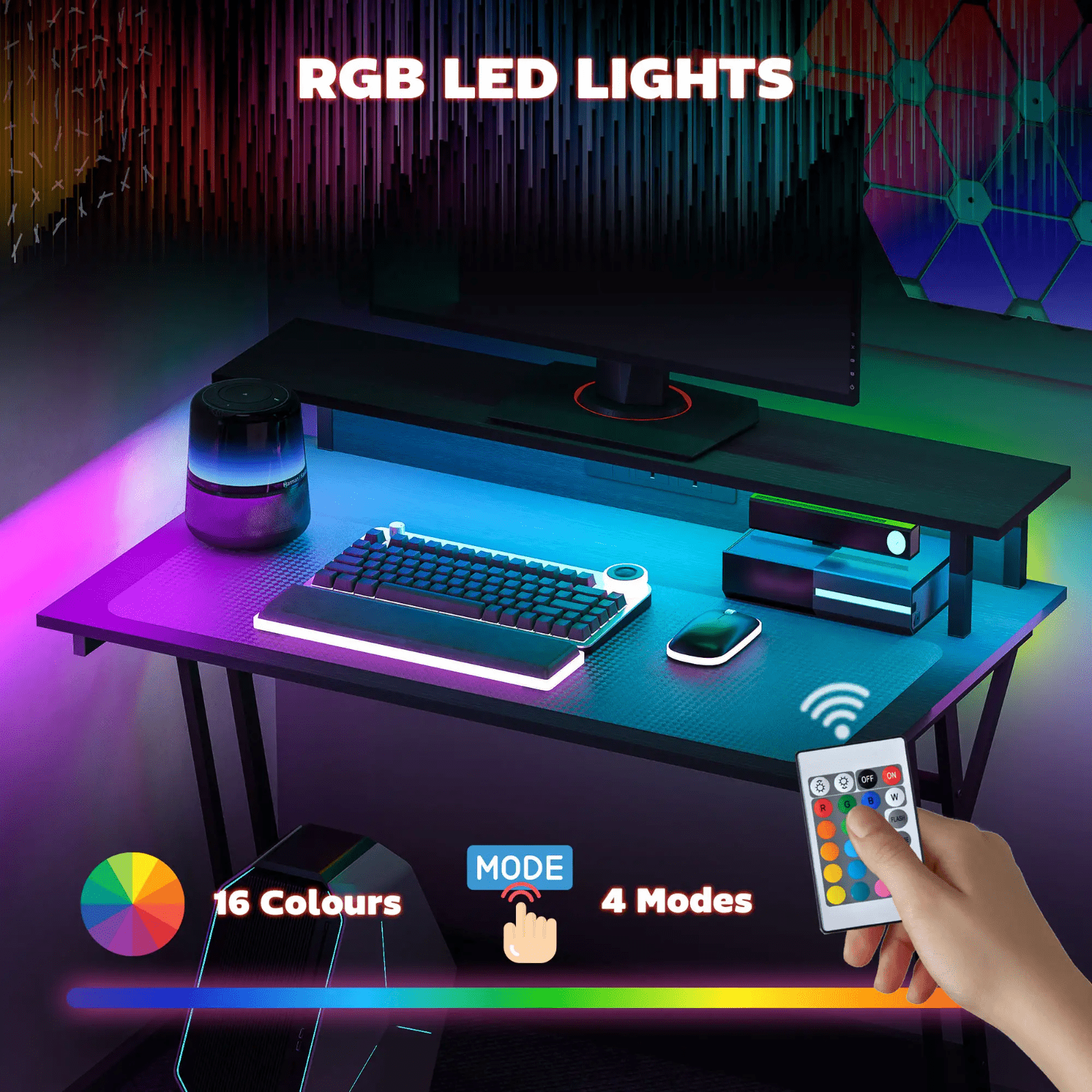 Black Gaming Desk LED Lights Power Outlets Z Shaped Computer Desk Monitor Shelf - Home and Garden Furniture Shop - #rustic - furniture#