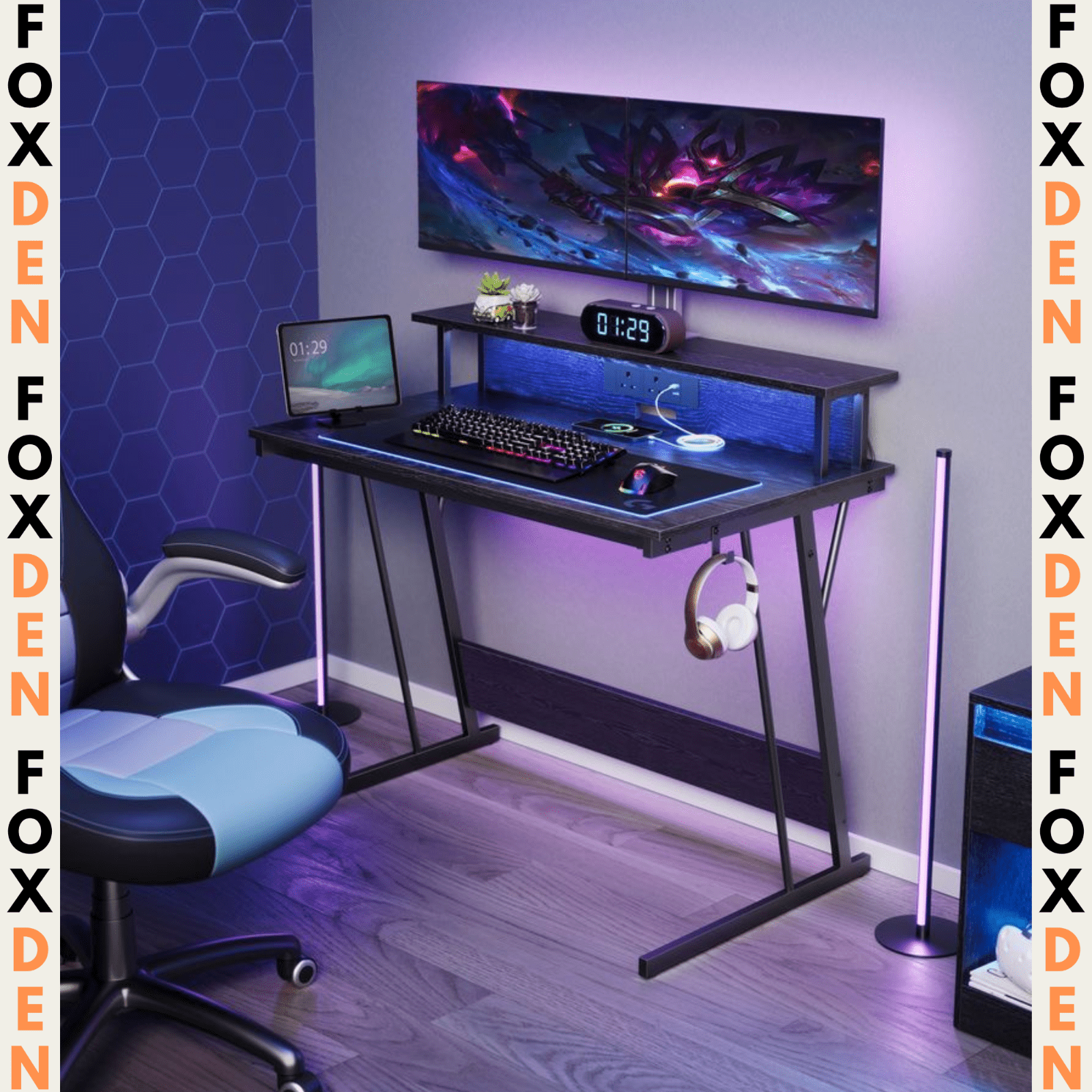 Black LED Ergonomic Gaming Desk Monitor Stand Plug Sockets USB Computer Table - Home and Garden Furniture Shop - #rustic - furniture#