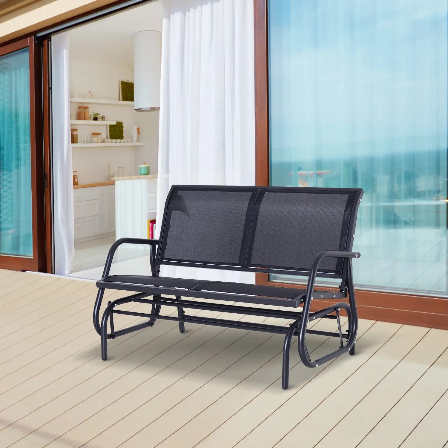 Black Patio Glider Bench Gliding Chair Loveseat 2 Person Garden Furniture Seat - Home and Garden Furniture Shop - rustic - furniture