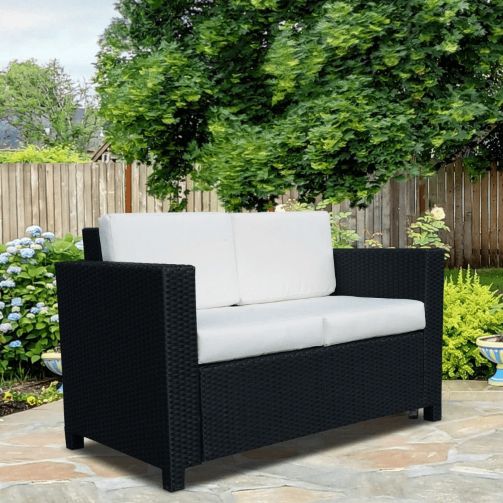 Black Rattan Wicker 2 Seater Sofa Loveseat Padded Garden Furniture Grey Patio - Home and Garden Furniture Shop - #rustic - furniture#