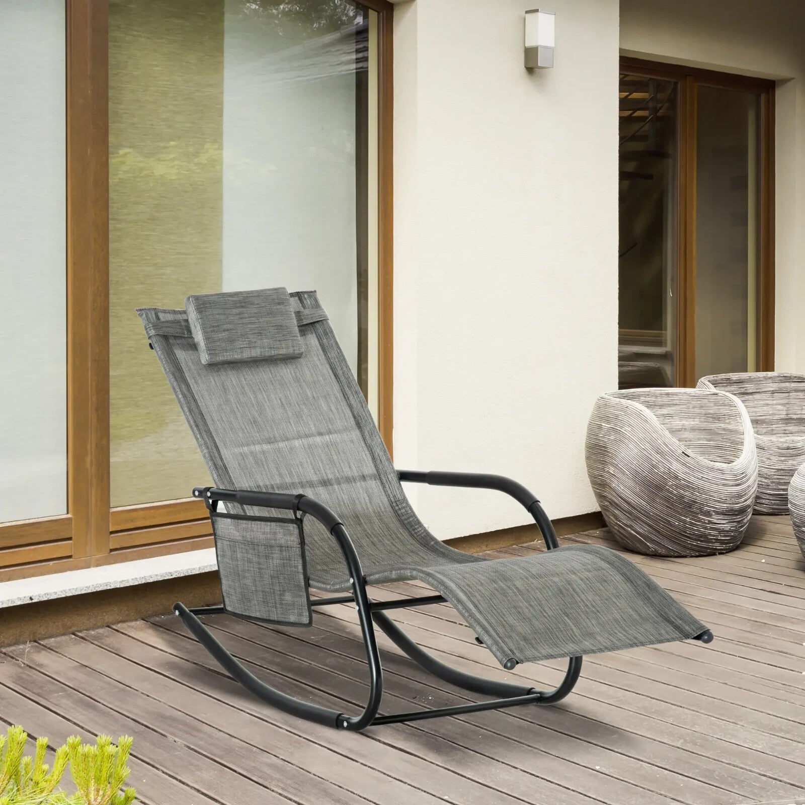 Breathable Mesh Rocking Chair Outdoor Recliner with Headrest for Garden Grey - Home and Garden Furniture Shop - rustic - furniture