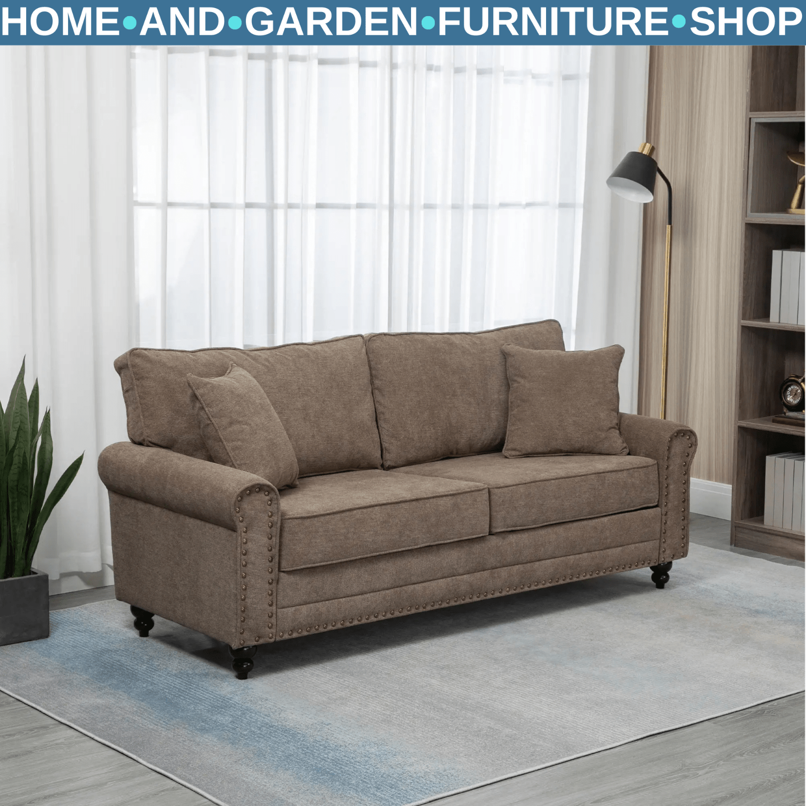 Brown 3 Seater Fabric Sofa for Living Room Settee Throw Pillow Thick Comfy Seats - Home and Garden Furniture Shop - rustic - furniture