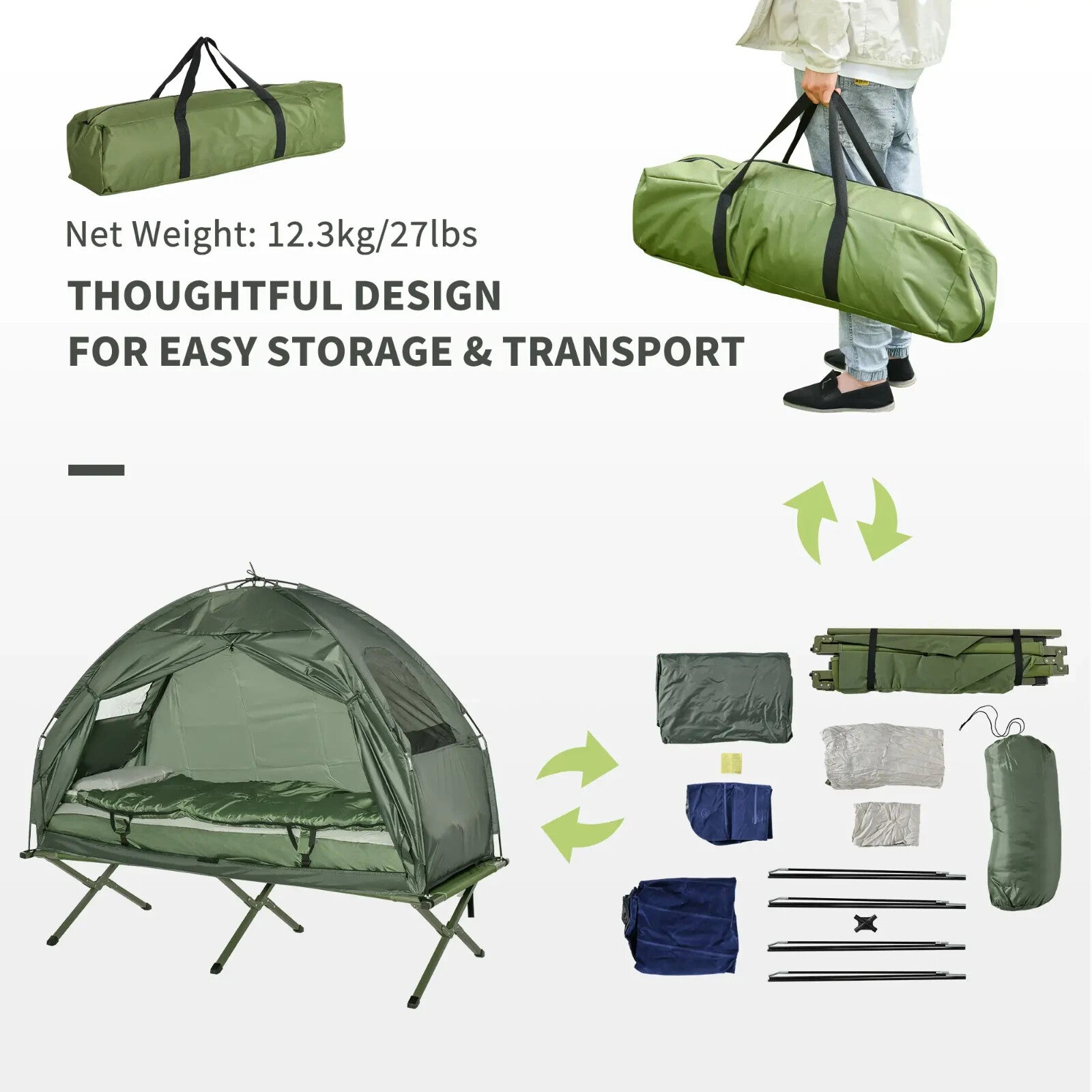 Camping Tent Foldable Hiking Bed Sleeping Bag Cot with Layer Windows Army Green - Home and Garden Furniture Shop - rustic - furniture