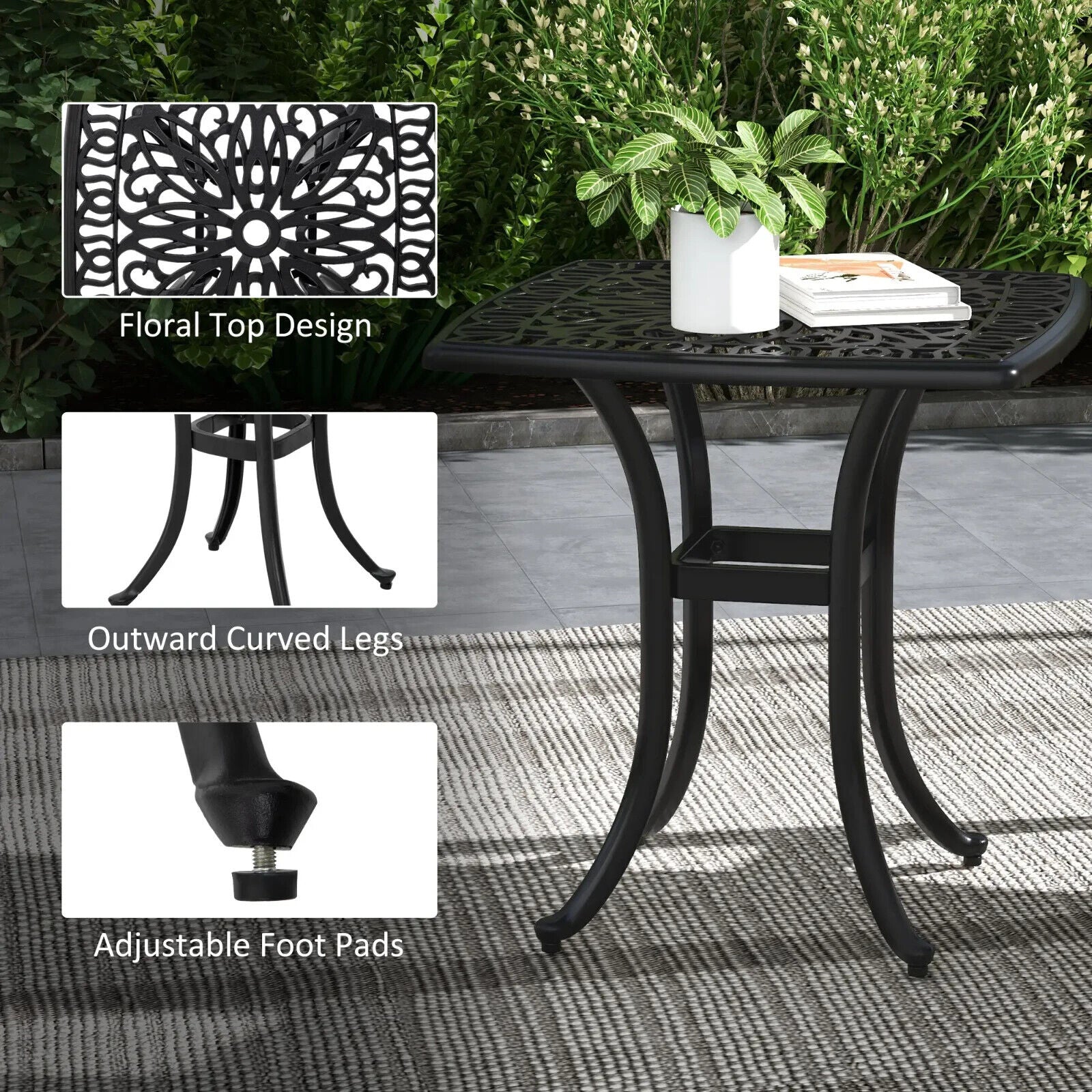 Cast Aluminium Bistro Table Square Outdoor Garden with Umbrella Hole Black - Home and Garden Furniture Shop - #rustic - furniture#