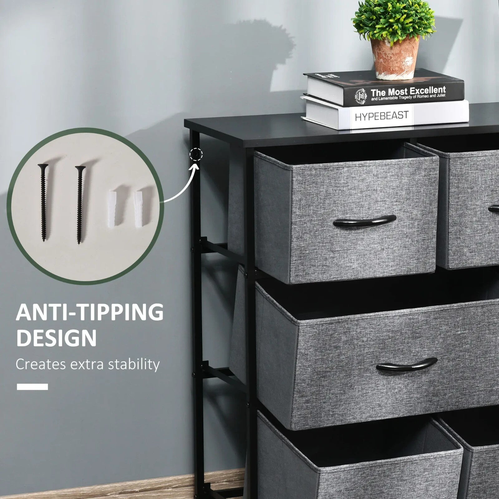 Chest of Drawers 8 Foldable Storage Unit Powder Coated Steel Frame Dark Grey - Home and Garden Furniture Shop - rustic - furniture