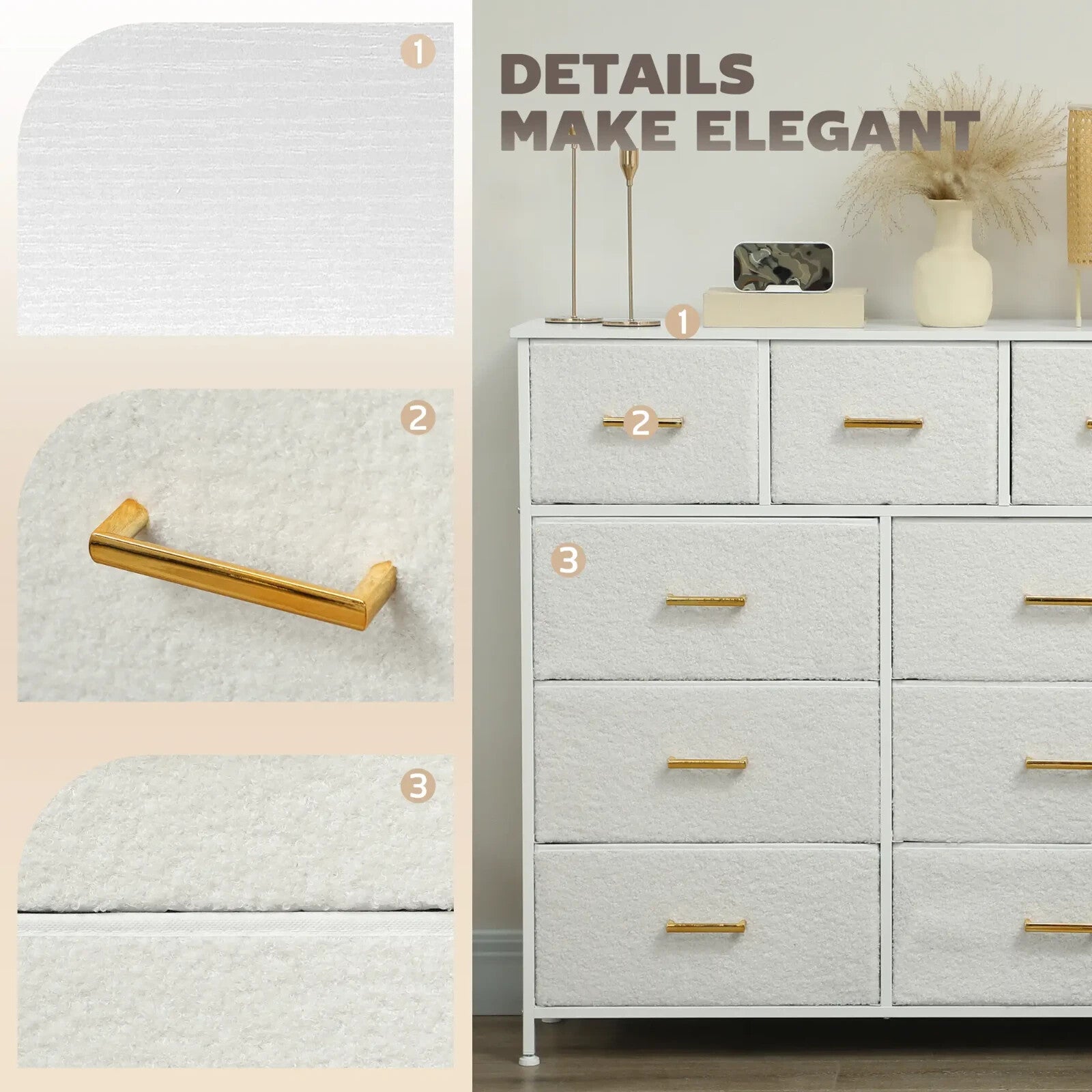 Chest of Drawers 9 Boucle Storage Powder - Coated Steel Frame Cream White - Home and Garden Furniture Shop - rustic - furniture