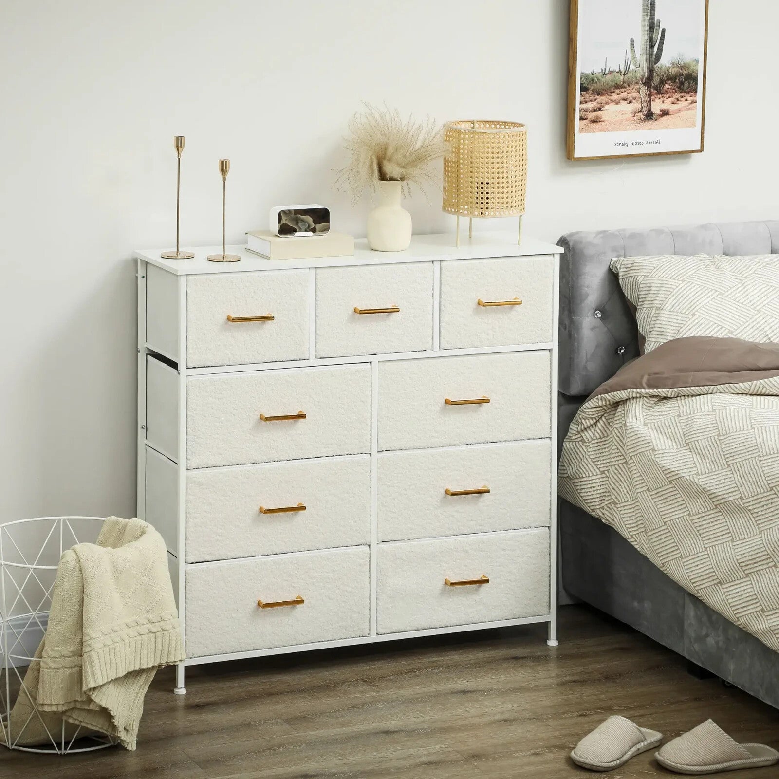 Chest of Drawers 9 Boucle Storage Powder - Coated Steel Frame Cream White - Home and Garden Furniture Shop - rustic - furniture