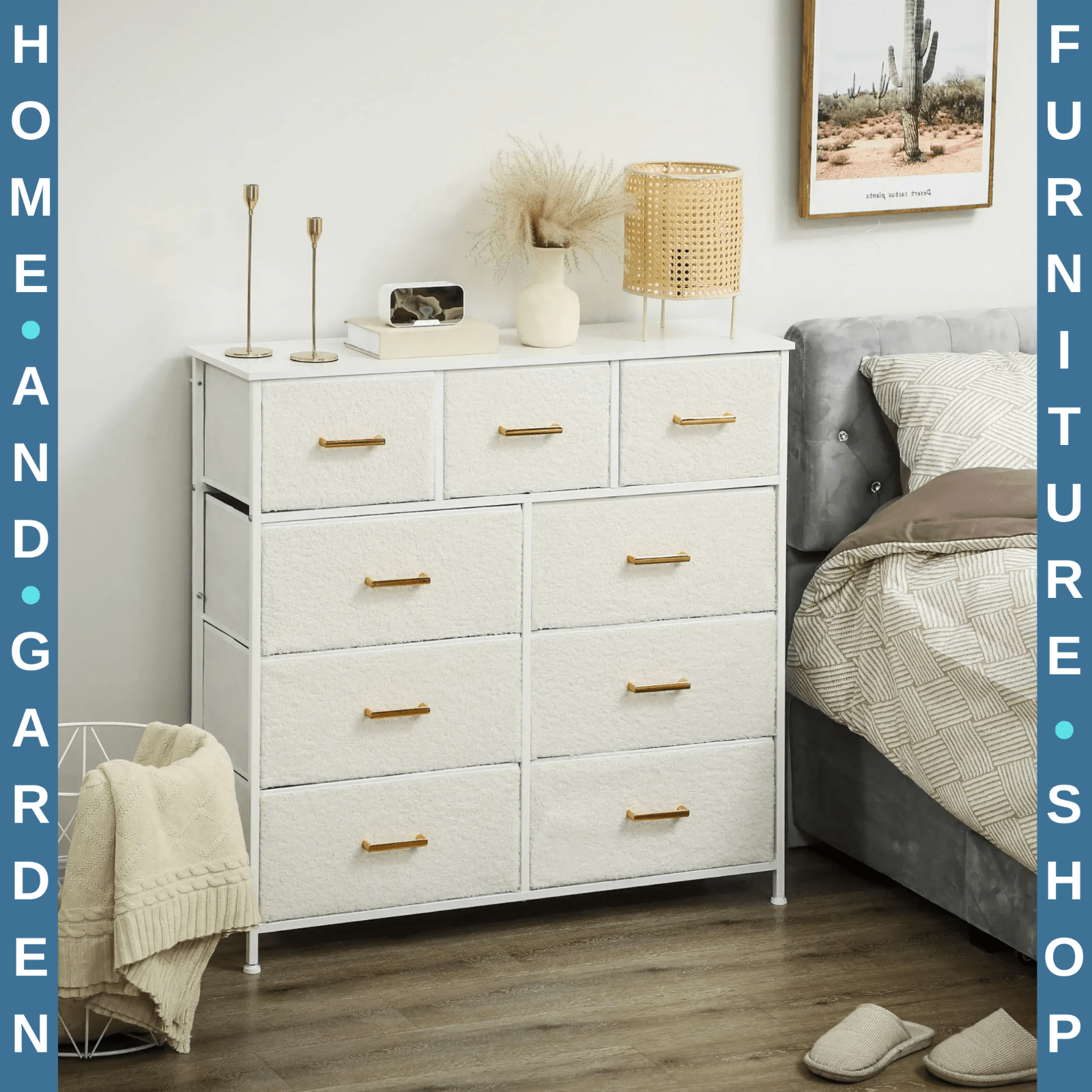 Chest of Drawers 9 Boucle Storage Powder - Coated Steel Frame Cream White - Home and Garden Furniture Shop - rustic - furniture