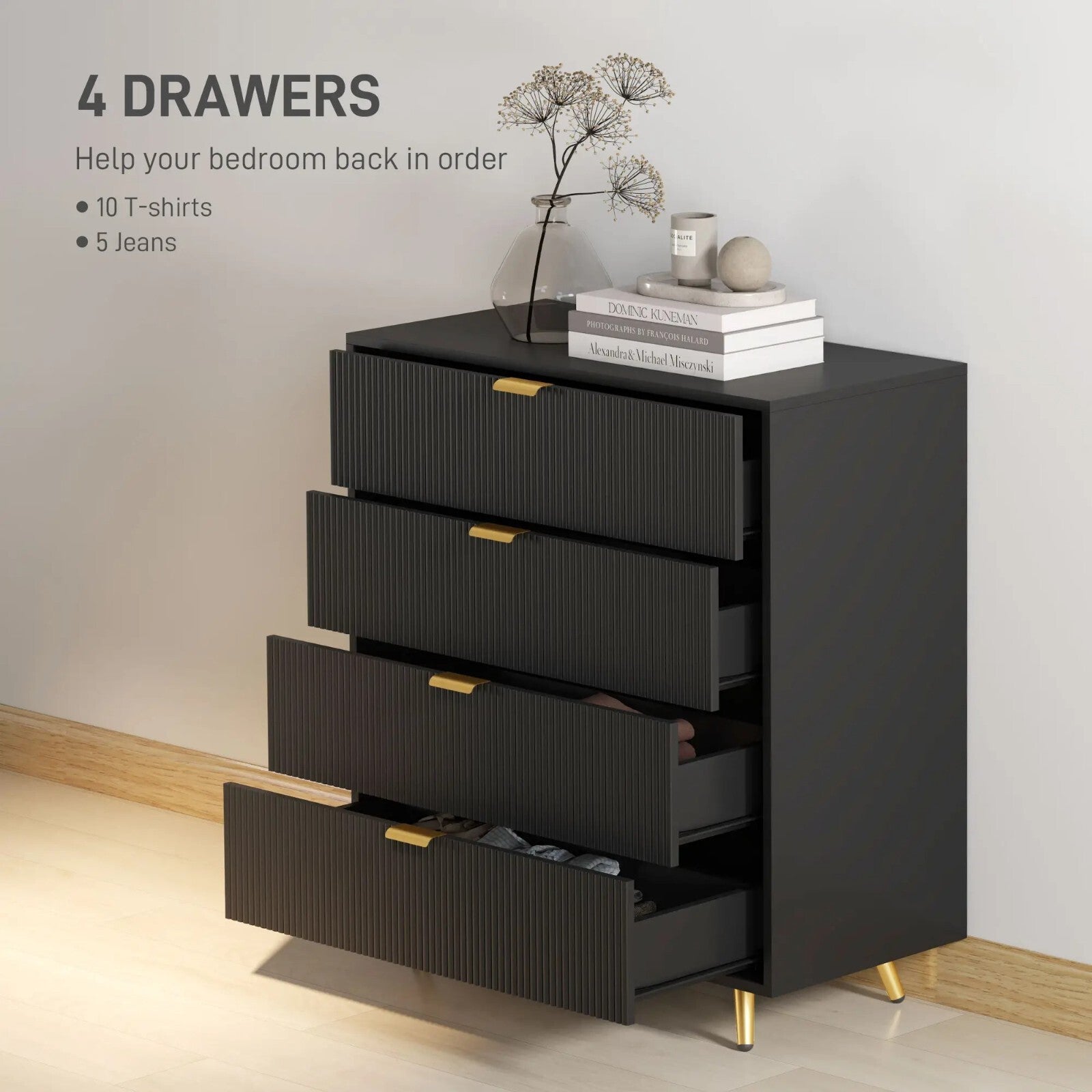 Chest of Drawers Black 4 Drawer Chest Drawers Bedroom Storage Art Deco Gold Legs - Home and Garden Furniture Shop - rustic - furniture