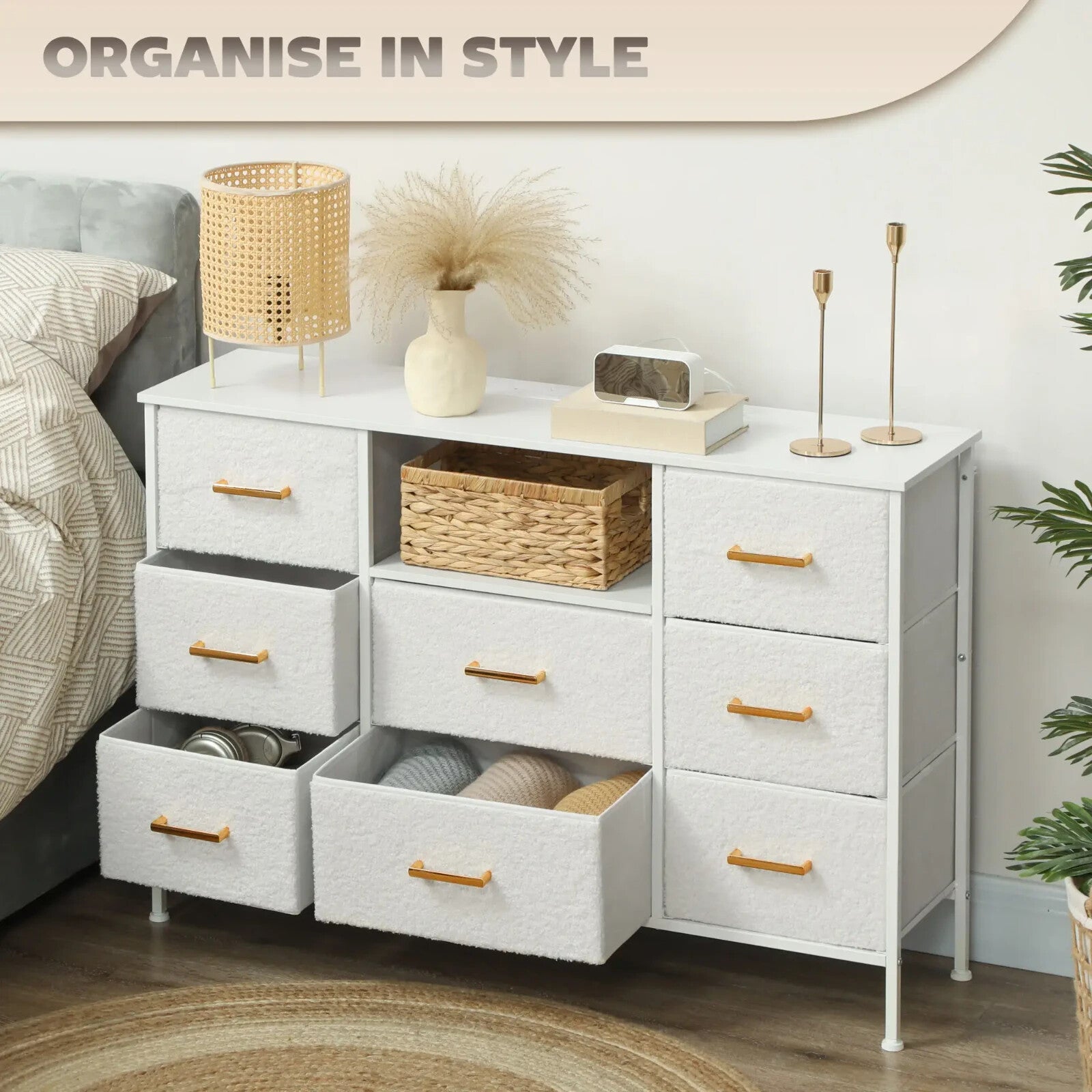 Chest of Drawers Boucle Alloy Steel Frame With Charging Station Cream White - Home and Garden Furniture Shop - rustic - furniture