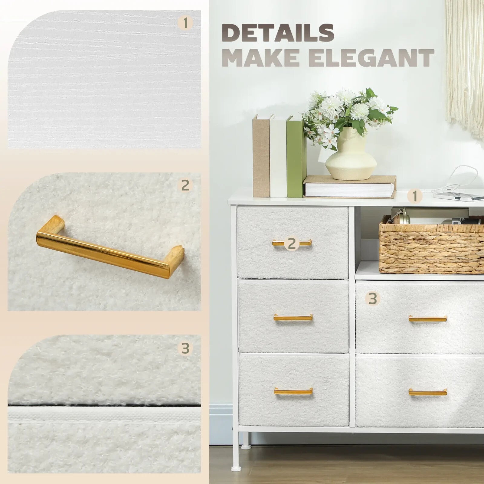 Chest of Drawers Boucle Alloy Steel Frame With Charging Station Cream White - Home and Garden Furniture Shop - rustic - furniture