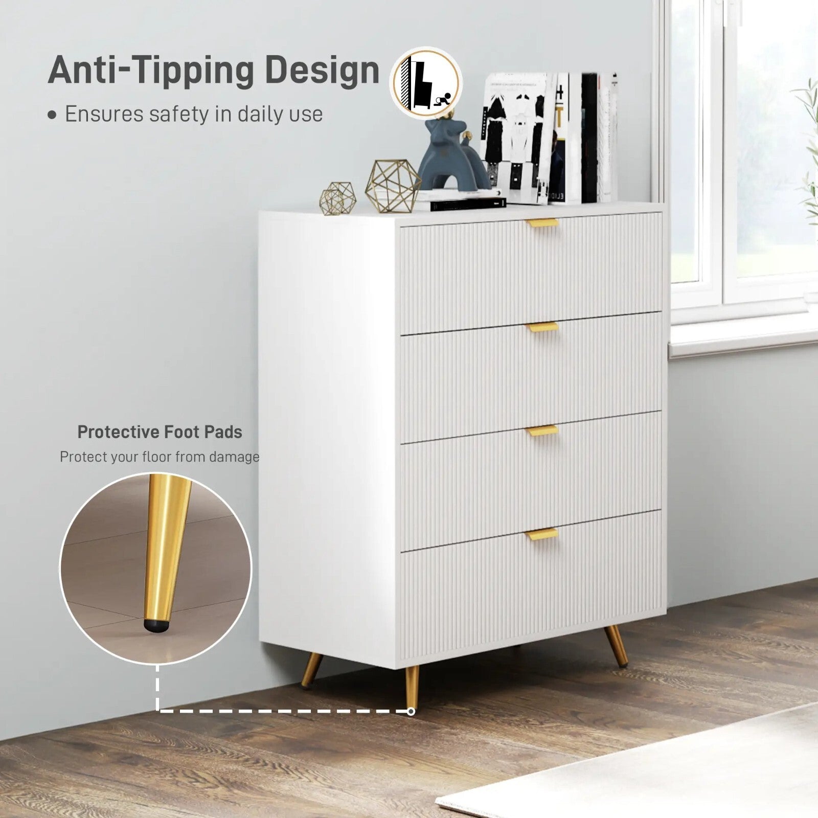 Chest of Drawers White 4 Drawer Chest Drawers Bedroom Storage Art Deco Gold Legs - Home and Garden Furniture Shop - rustic - furniture