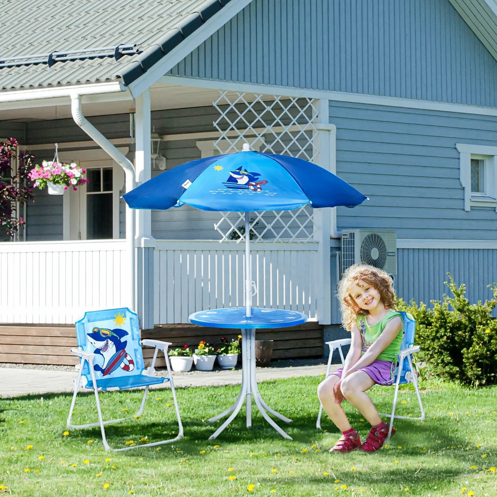 Children's 4 - Piece Foldable Garden Set with Table, Chairs, and Parasol Blue - Home and Garden Furniture Shop - rustic - furniture