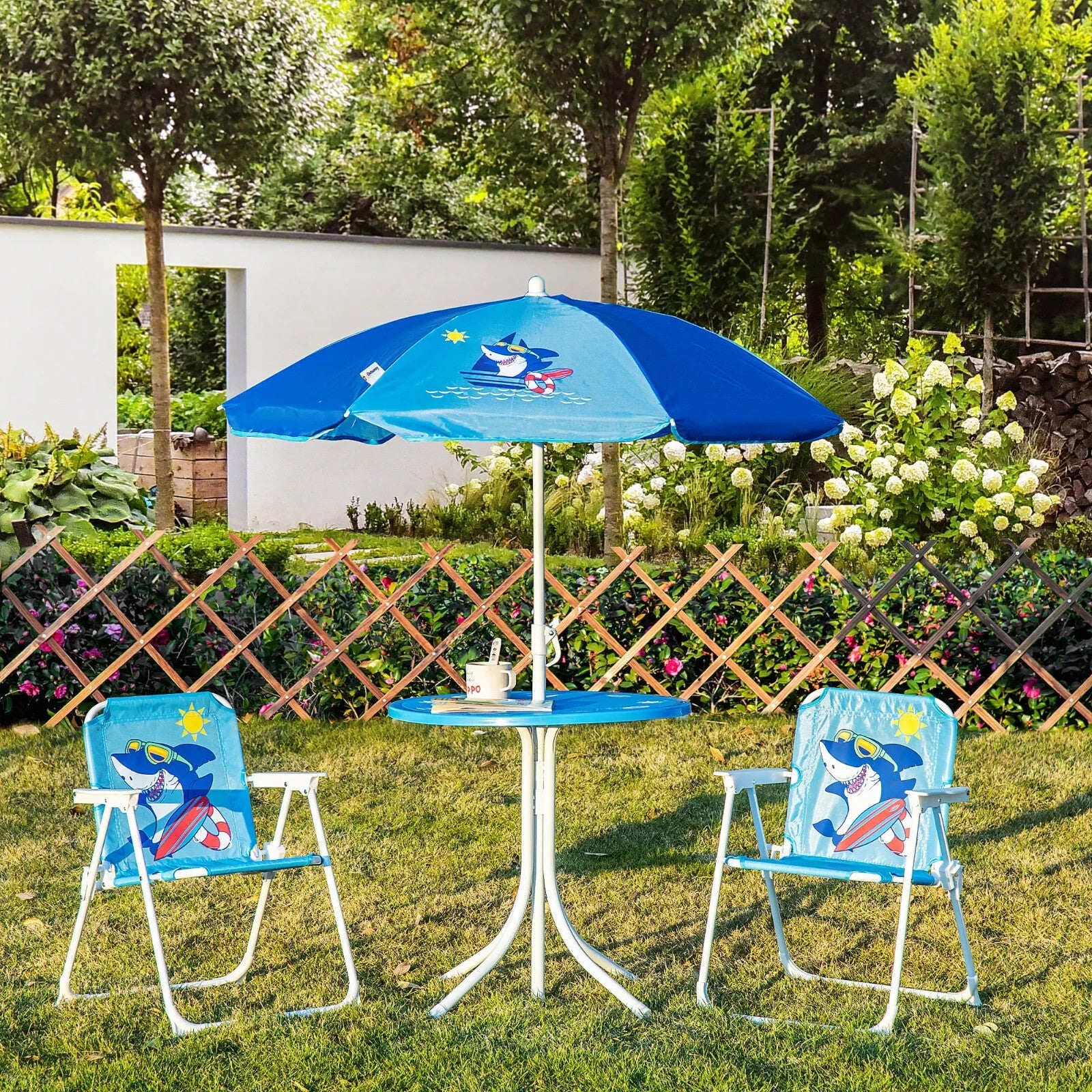 Children's 4 - Piece Foldable Garden Set with Table, Chairs, and Parasol Blue - Home and Garden Furniture Shop - rustic - furniture