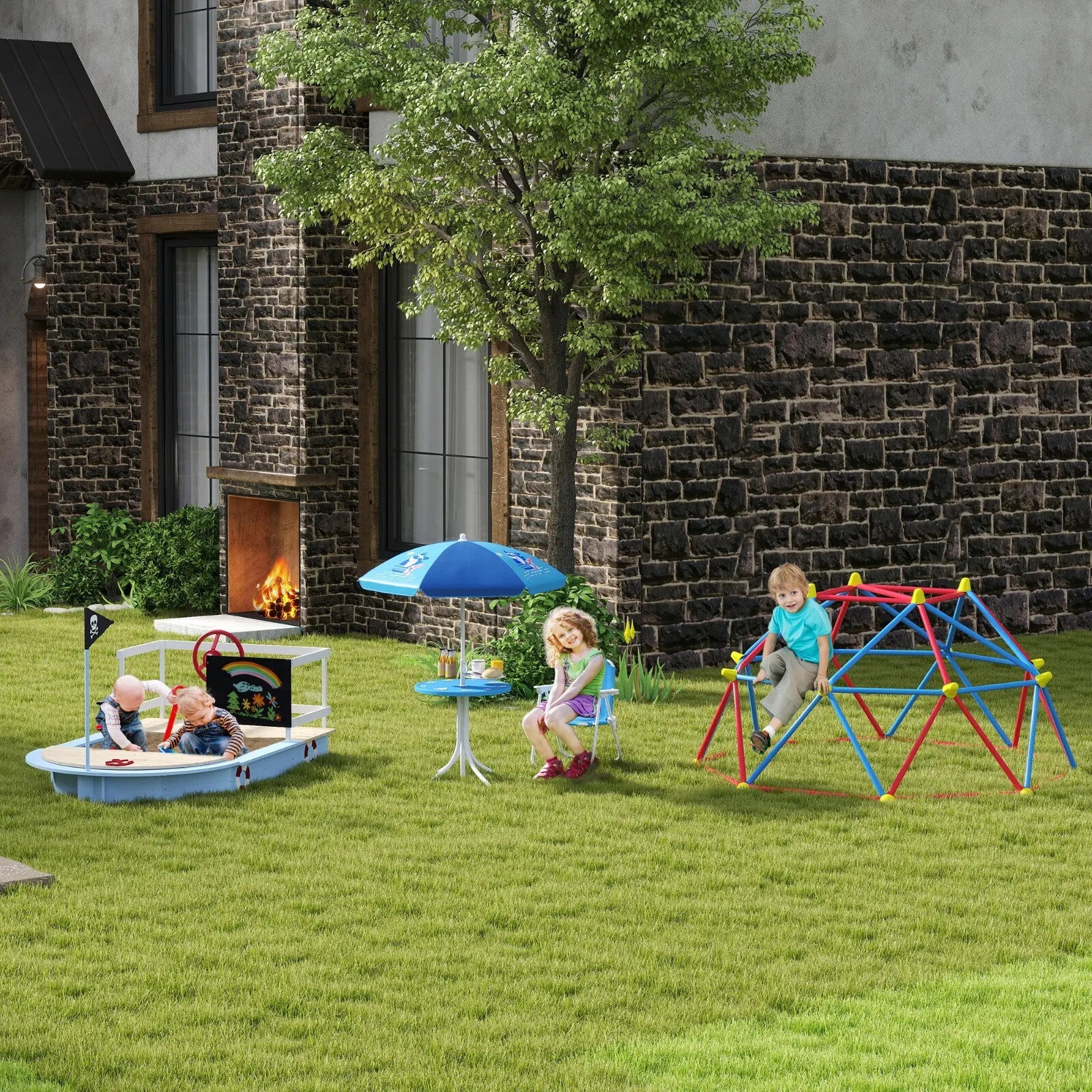 Children's 4 - Piece Foldable Garden Set with Table, Chairs, and Parasol Blue - Home and Garden Furniture Shop - rustic - furniture