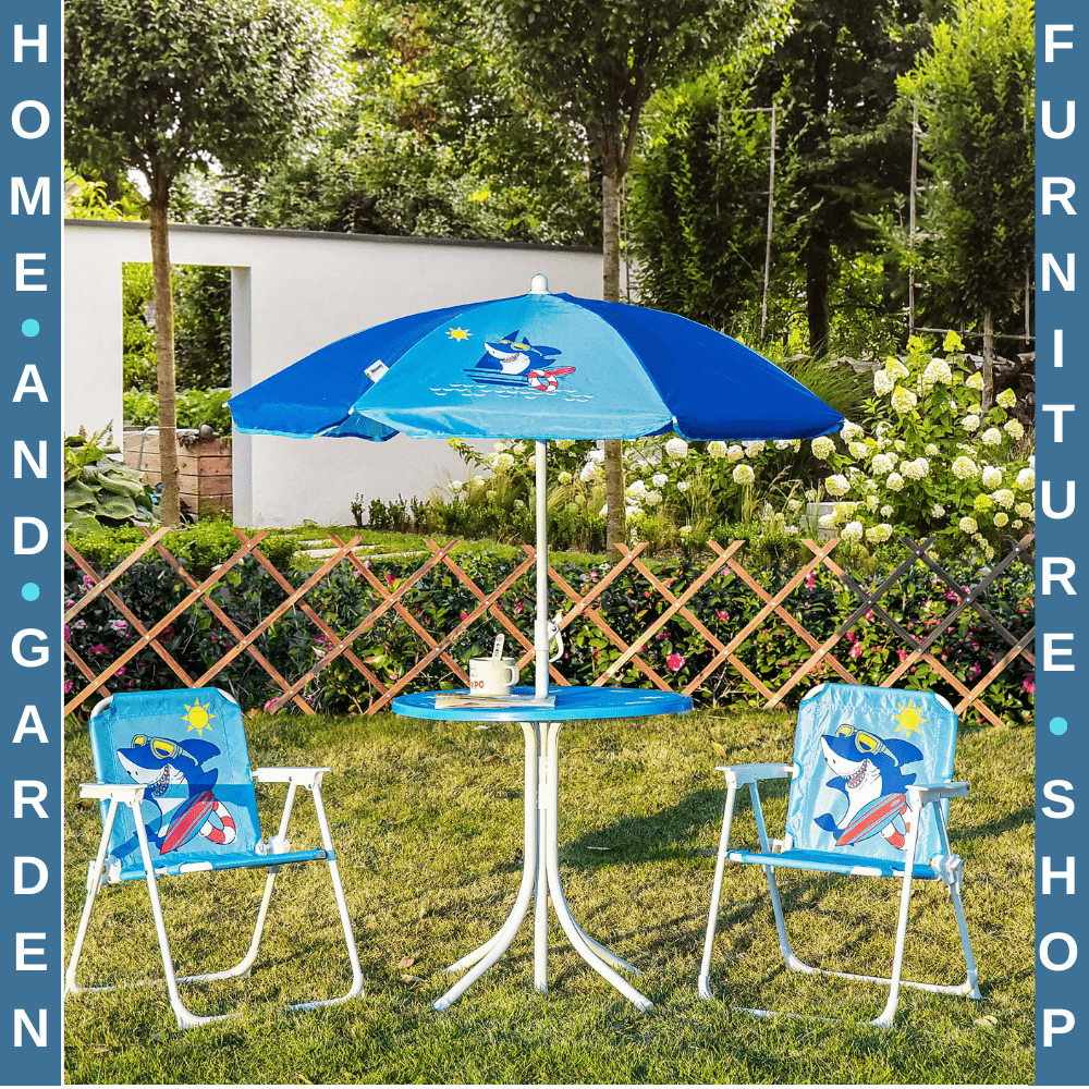 Children's 4 - Piece Foldable Garden Set with Table, Chairs, and Parasol Blue - Home and Garden Furniture Shop - rustic - furniture