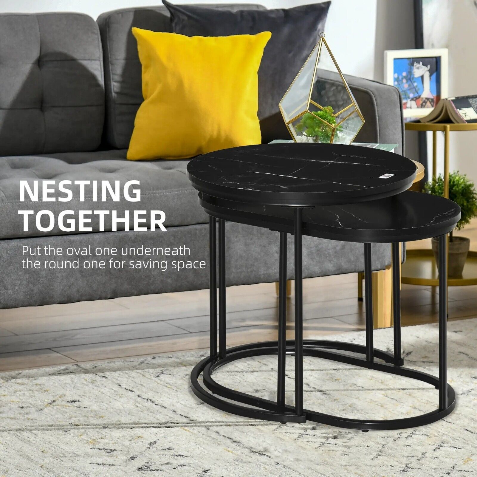 Coffee Table Set of 2 Modern Nest of Tables Faux Marble Top Set Black Metal Legs - Home and Garden Furniture Shop - #rustic - furniture#