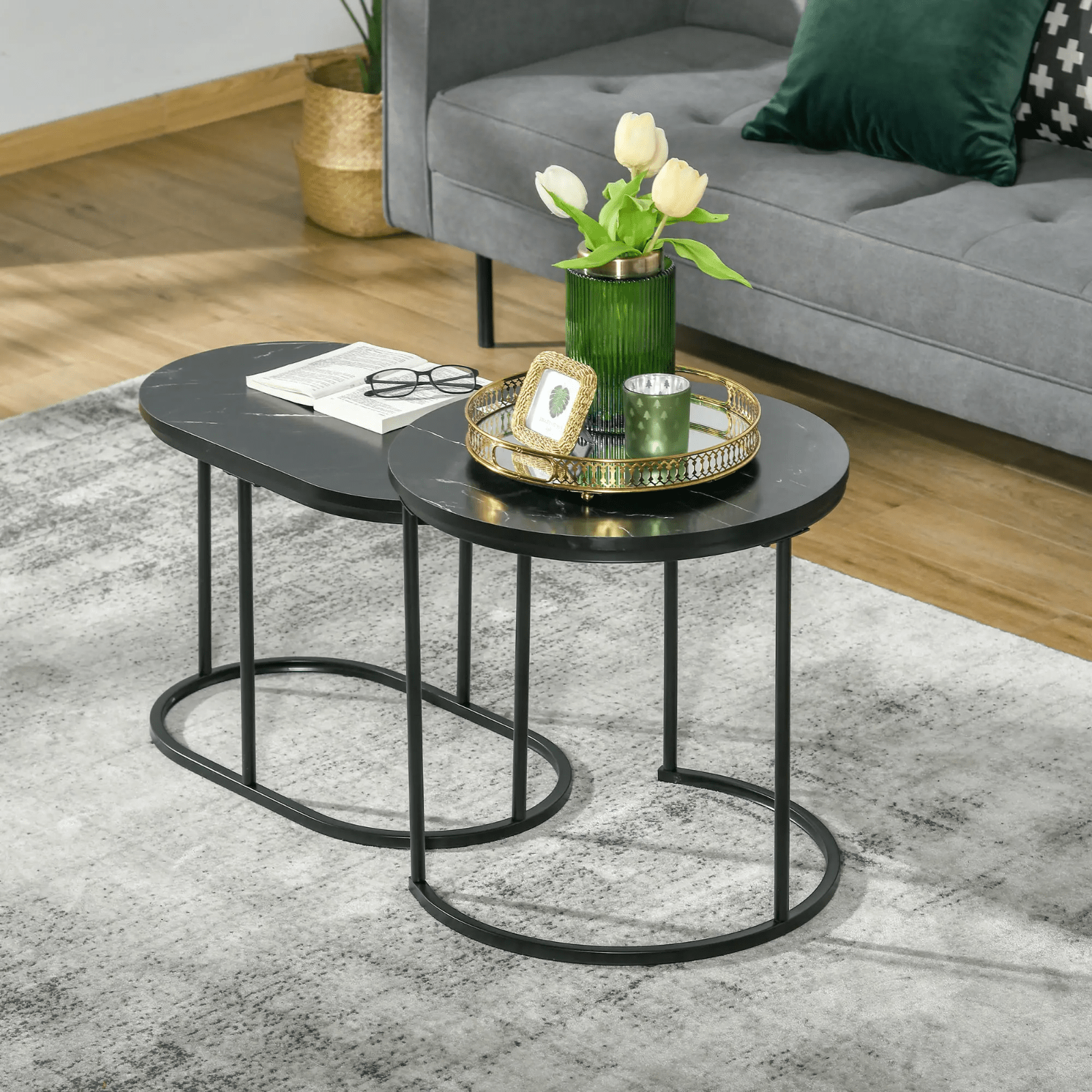 Coffee Table Set of 2 Modern Nest of Tables Faux Marble Top Set Black Metal Legs - Home and Garden Furniture Shop - #rustic - furniture#