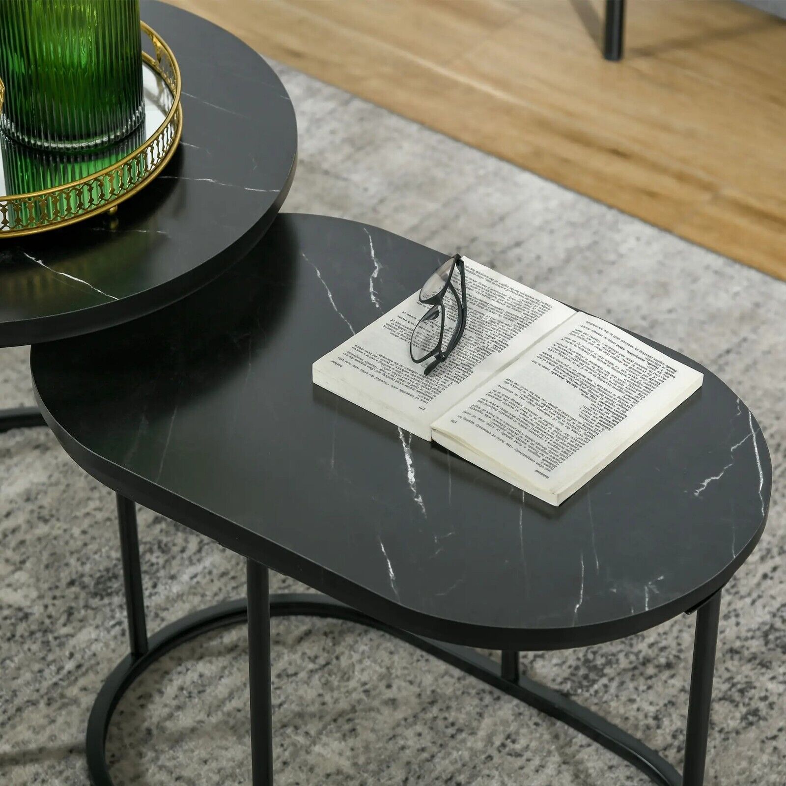 Coffee Table Set of 2 Modern Nest of Tables Faux Marble Top Set Black Metal Legs - Home and Garden Furniture Shop - #rustic - furniture#