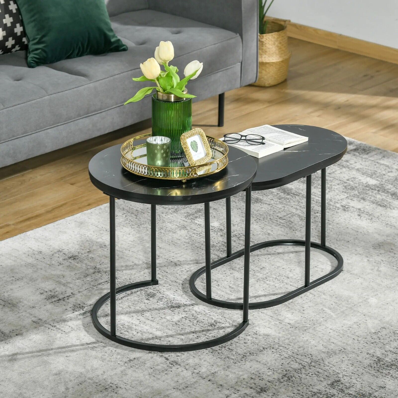 Coffee Table Set of 2 Modern Nest of Tables Faux Marble Top Set Black Metal Legs - Home and Garden Furniture Shop - #rustic - furniture#