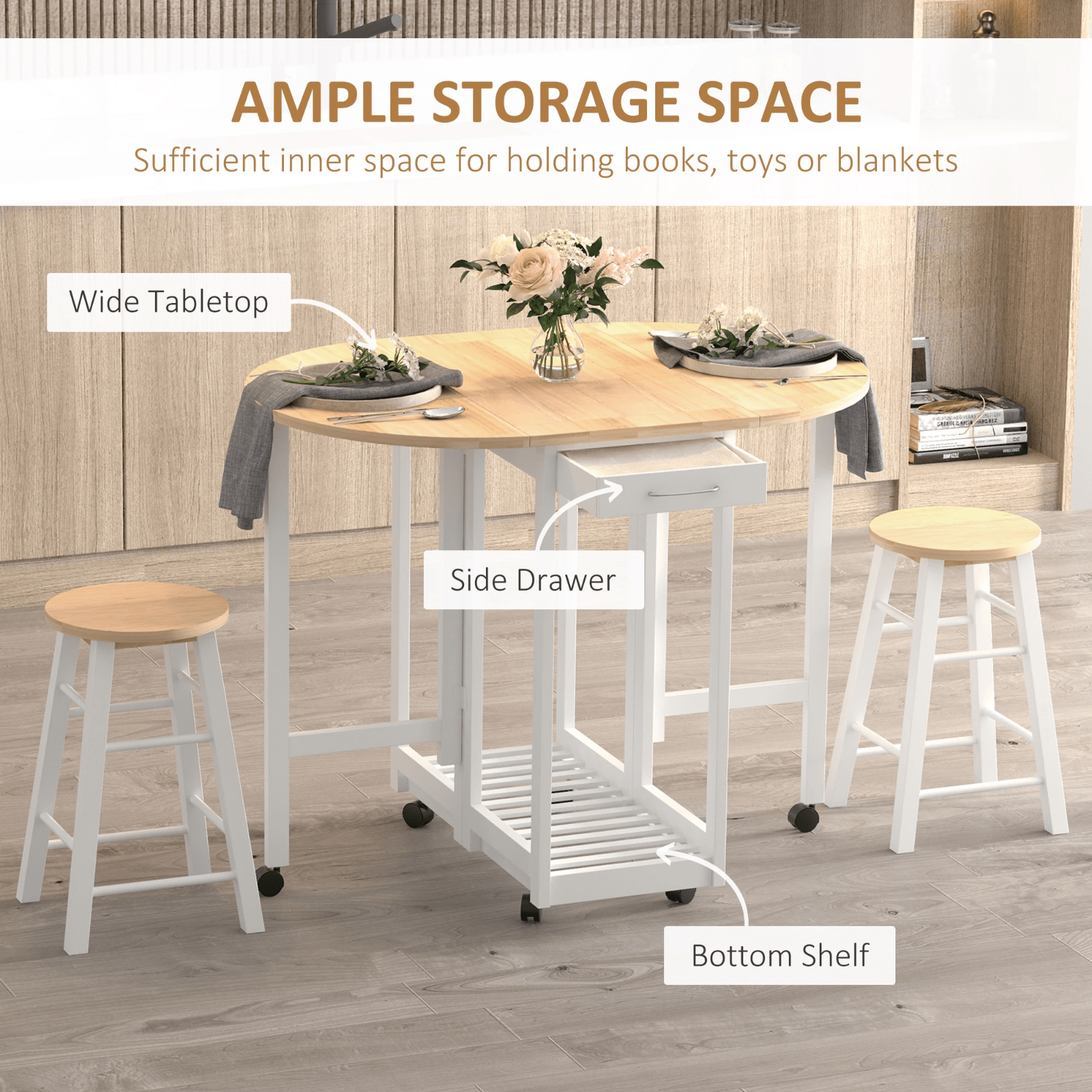 Compact Wooden Breakfast Bar Stools Set Drop Leaf Folding Kitchen Table Cart 3pc - Home and Garden Furniture Shop - rustic - furniture