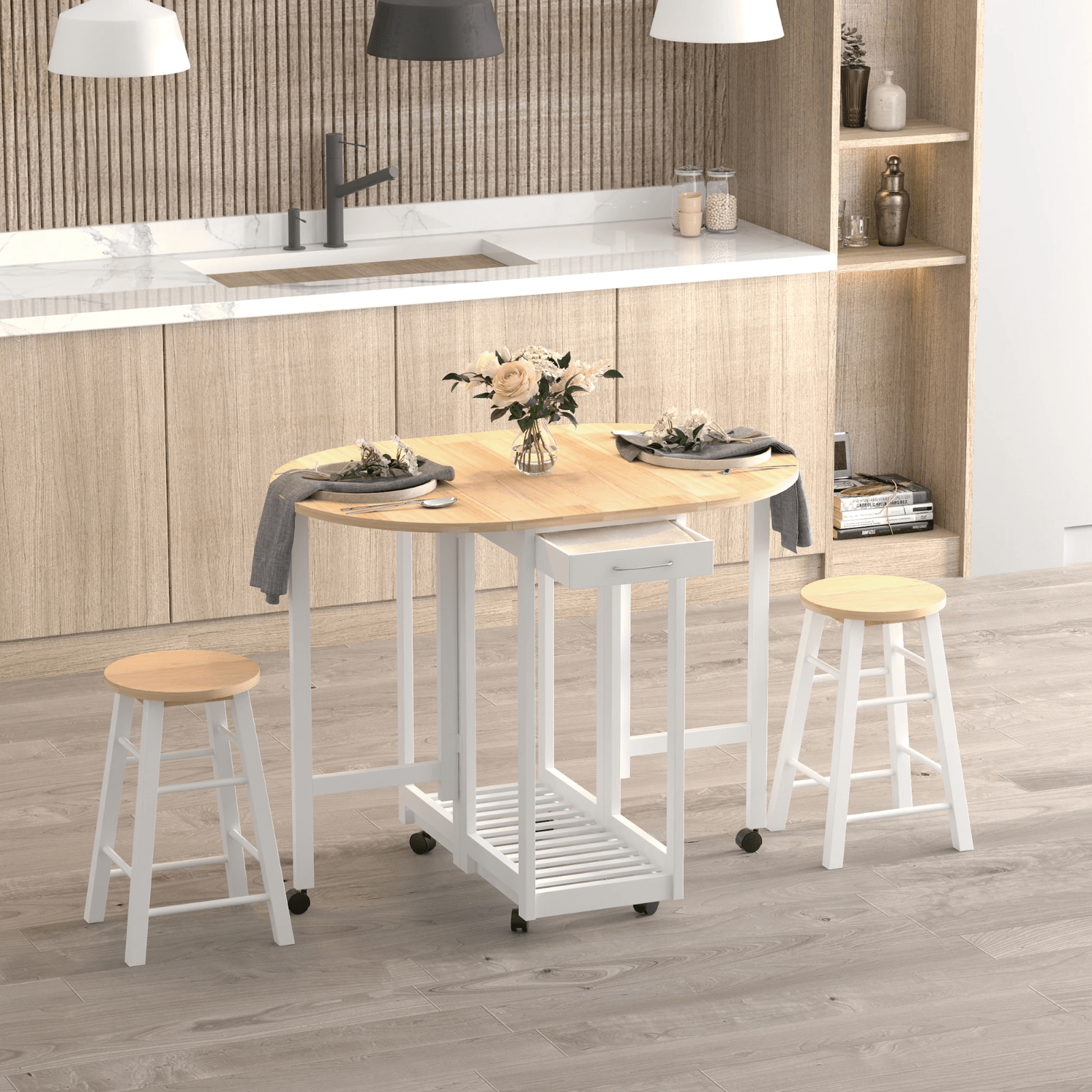 Compact Wooden Breakfast Bar Stools Set Drop Leaf Folding Kitchen Table Cart 3pc - Home and Garden Furniture Shop - rustic - furniture