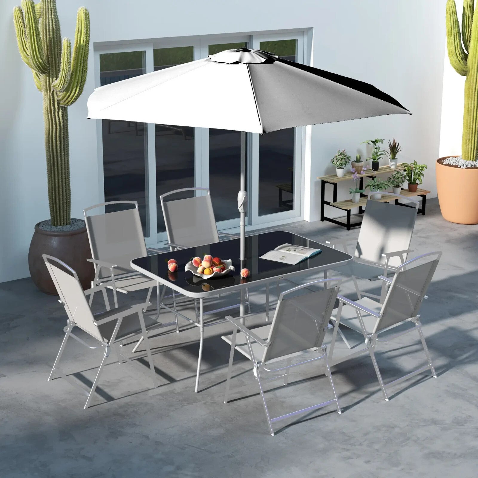 Dining Set 8 - Piece Powder Coated with Tempered Glass Top Table & Parasol Grey - Home and Garden Furniture Shop - rustic - furniture