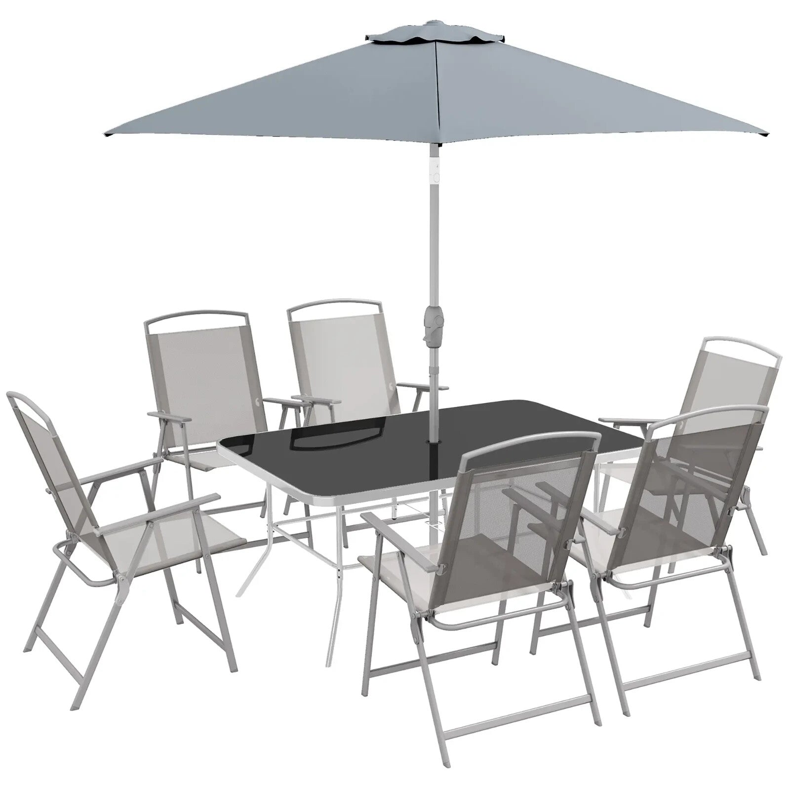 Dining Set 8 - Piece Powder Coated with Tempered Glass Top Table & Parasol Grey - Home and Garden Furniture Shop - rustic - furniture