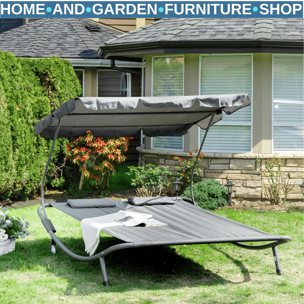 Double Hammock Sun Lounger with Canopy and 2 Pillows Garden Day Bed Grey - Home and Garden Furniture Shop - rustic - furniture