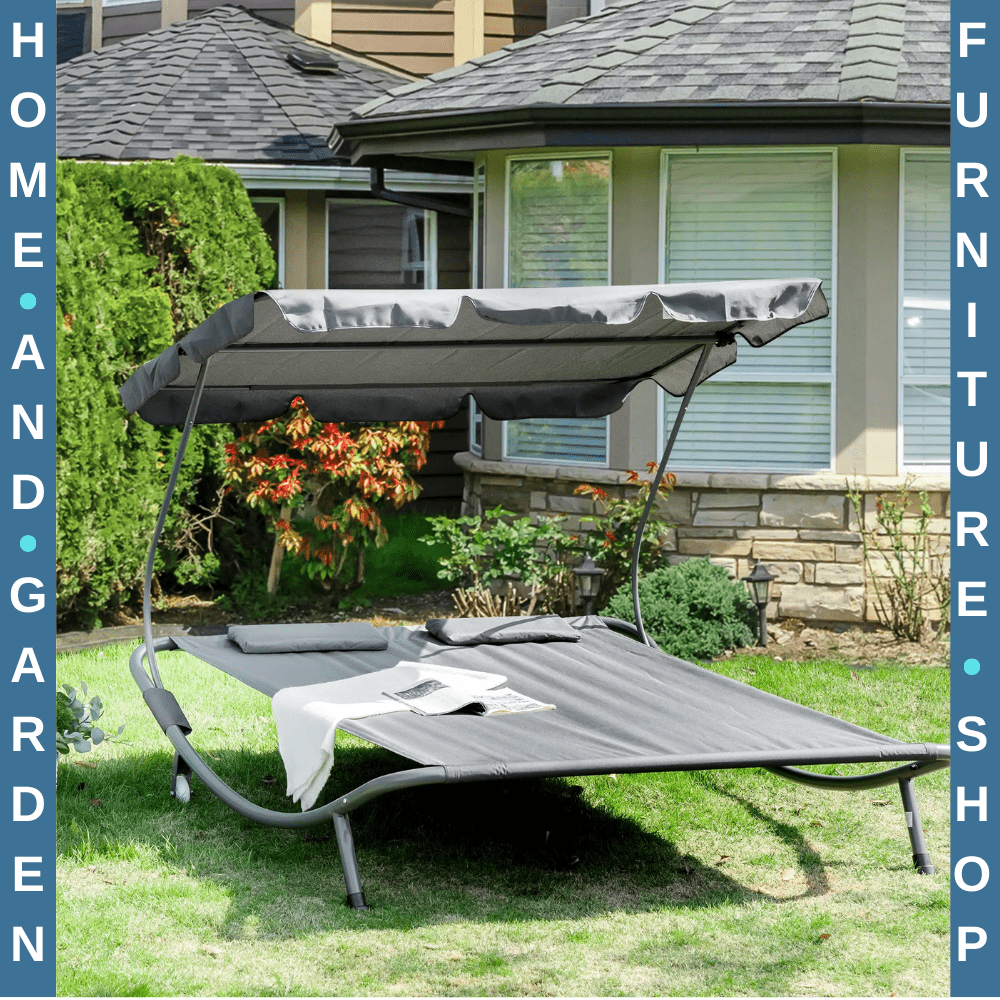 Double Hammock Sun Lounger with Canopy and 2 Pillows Garden Day Bed Grey - Home and Garden Furniture Shop - rustic - furniture