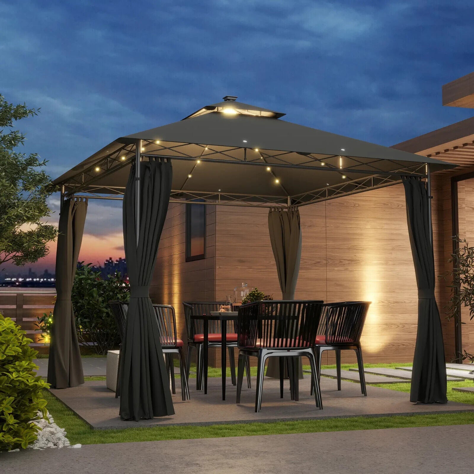 Double Roof Outdoor Gazebo with Curtains Sides 3 x 3m LED Metal Gazebo Dark Grey - Home and Garden Furniture Shop - #rustic - furniture#