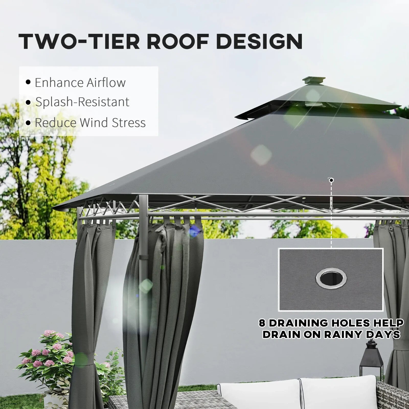Double Roof Outdoor Gazebo with Curtains Sides 3 x 3m LED Metal Gazebo Dark Grey - Home and Garden Furniture Shop - rustic - furniture