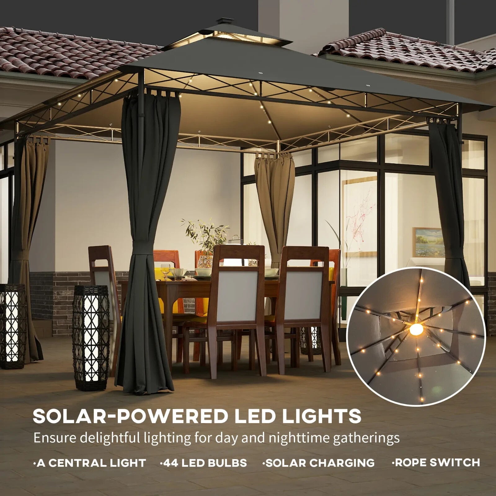 Double Roof Outdoor Gazebo with Curtains Sides 3 x 3m LED Metal Gazebo Dark Grey - Home and Garden Furniture Shop - rustic - furniture