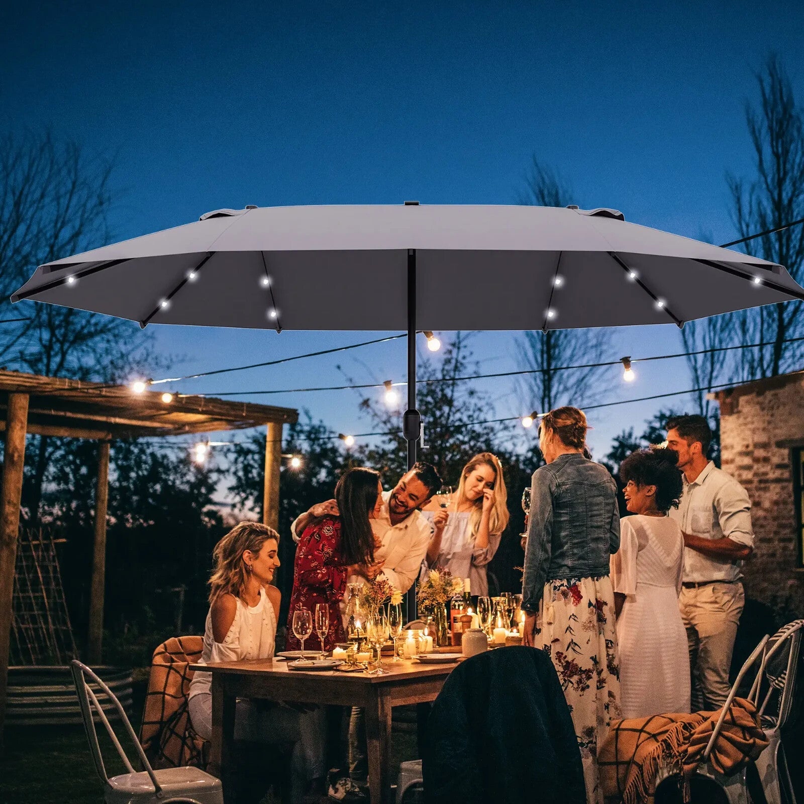 Double Sided Patio Parasol Garden Umbrella Canopy 4.4m Outdoor LED Solar Lights - Home and Garden Furniture Shop - rustic - furniture