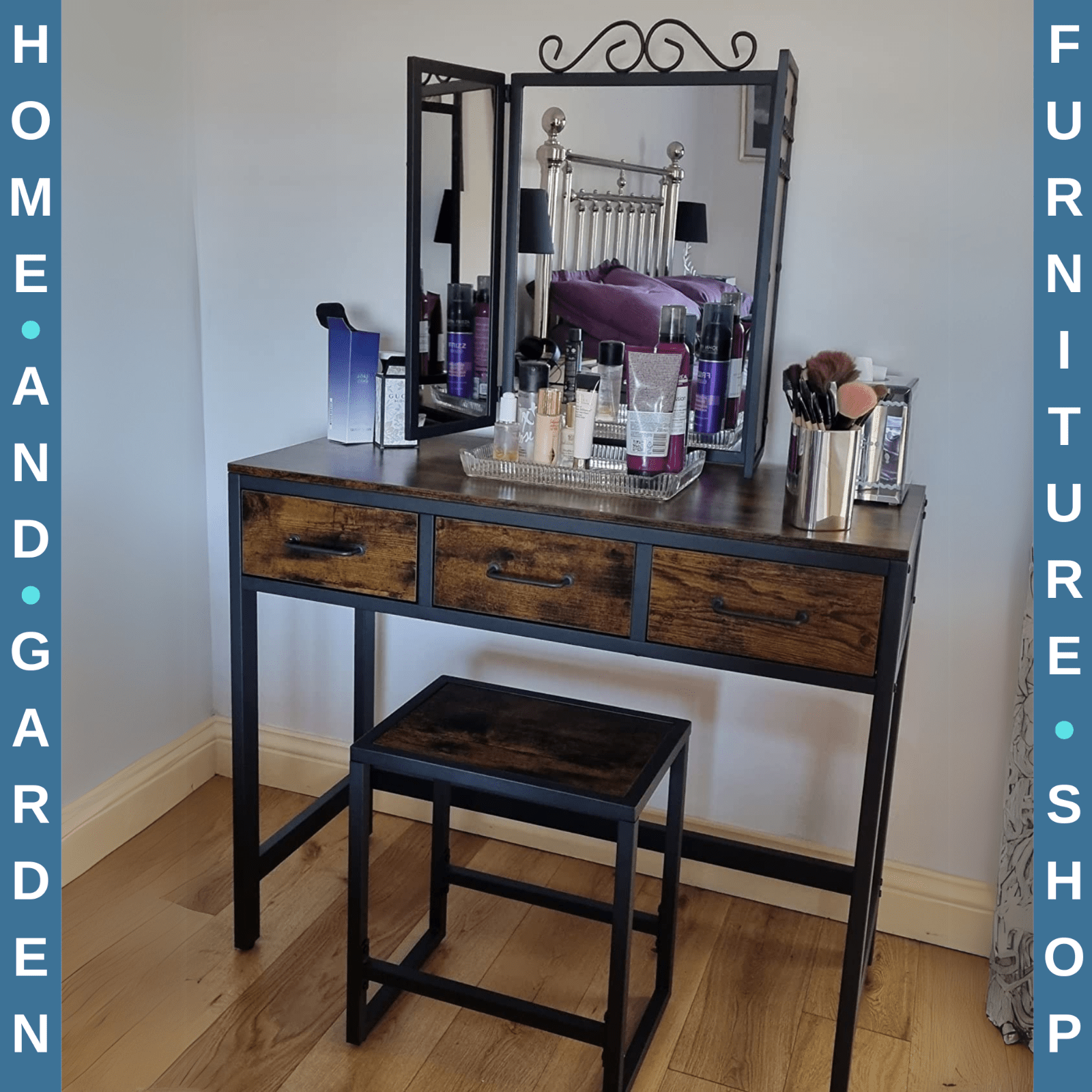 Dressing Table with Mirror and Stool Set Vanity Table Mirror Makeup Desk Drawers - Home and Garden Furniture Shop - rustic - furniture
